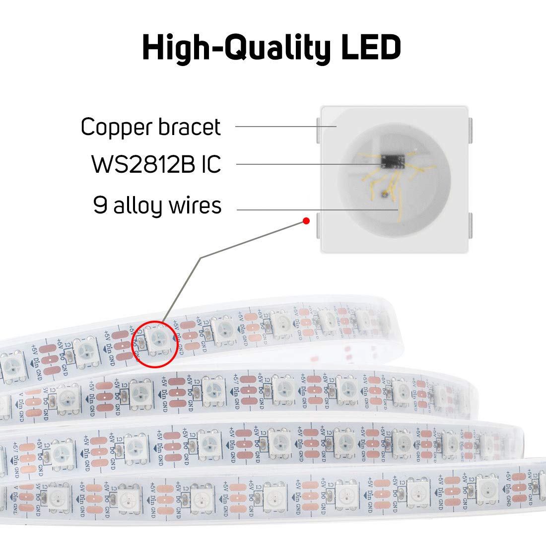 BTF-LIGHTING WS2812B RGB LED Strip 16.4FT 300LED IP67 White FPCB Individually Addressable Chasing Effects