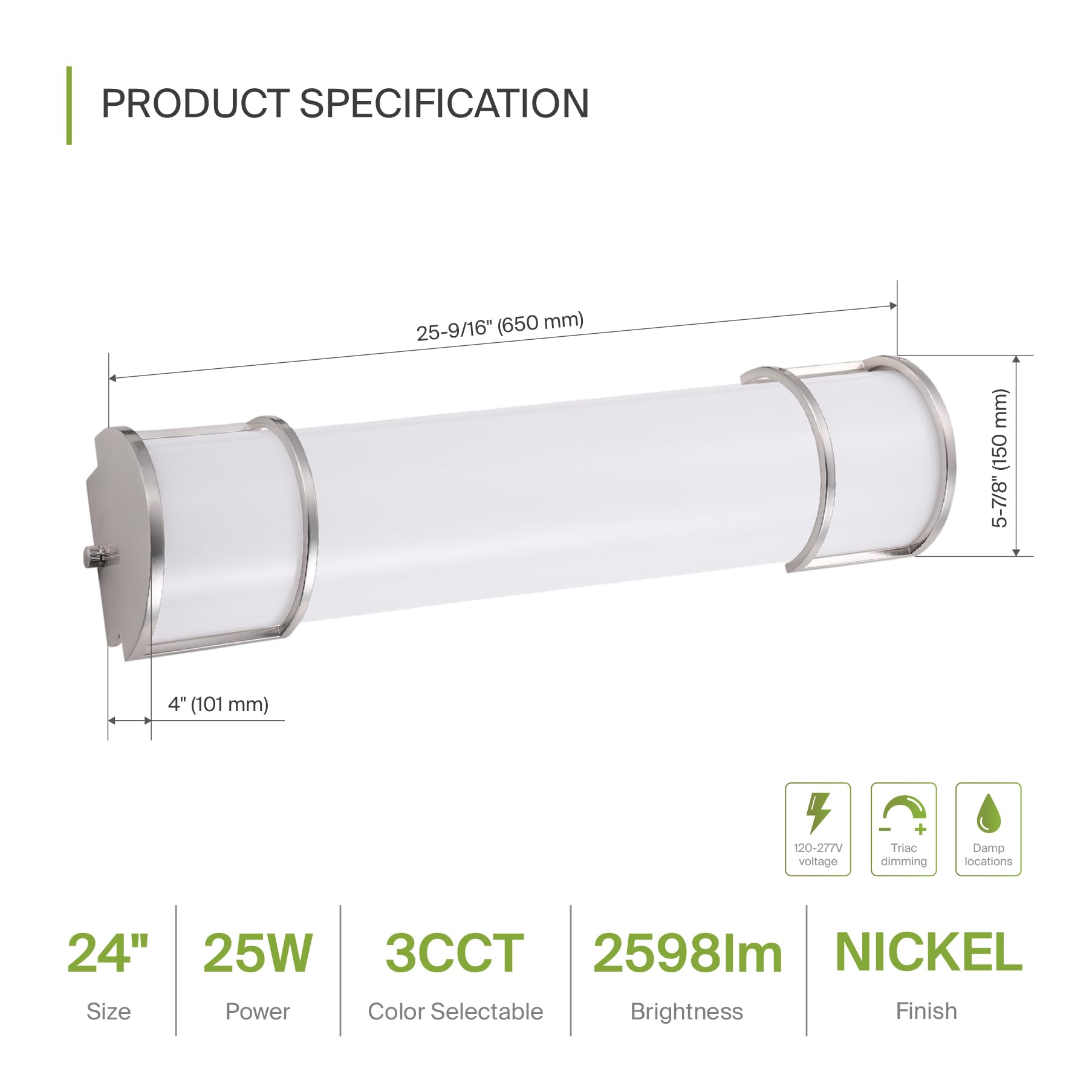 Asd Led 24 Inch Flush Mount Vanity Lighting Fixture | 25W 2600Lm 3000K-5000K 100-277V | 3Cct, Dimmable, Etl Listed | Bathroom Li