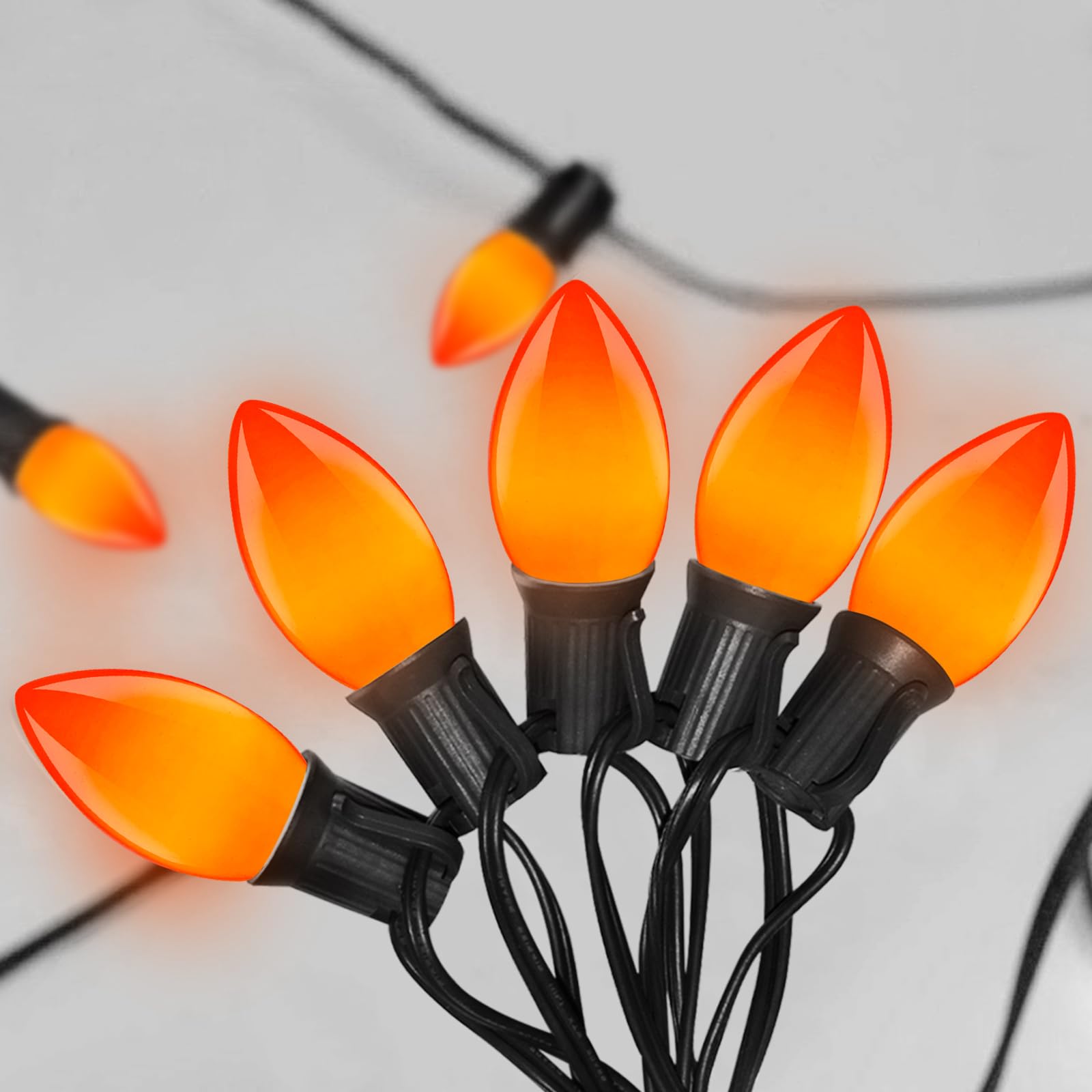 SUNSGNE C9 LED String Lights - 25FT Halloween Outdoor Lights with 27 Orange Bulbs, Black Wire, Model ULP(9)-LR(20)(0.6W)