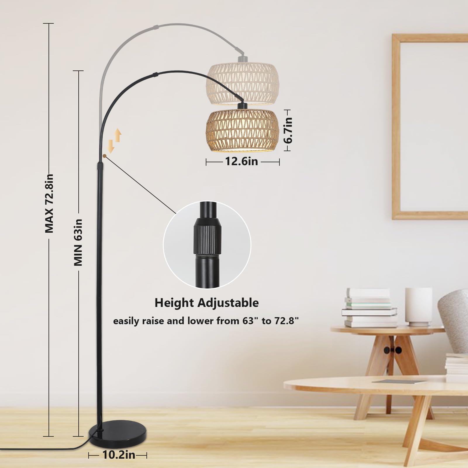 Arc Floor Lamps For Living Room With 3 Color Temperatures, Black Standing Lamp With Remote & Dimmable Led Bulb, Rattan Boho Floo