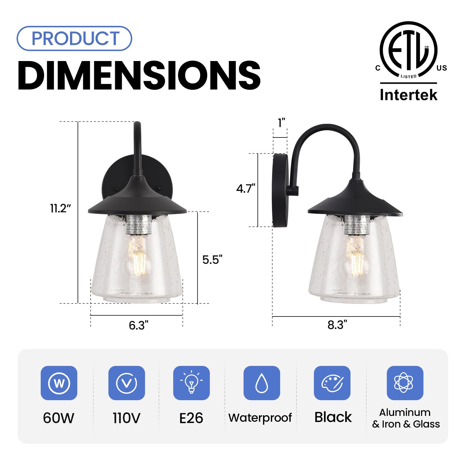 Outdoor Wall Sconce, Exterior Waterproof Wall Light Fixture, Outside Porch Light With Bubble Glass Shade, Matte Black Outdoor Wa