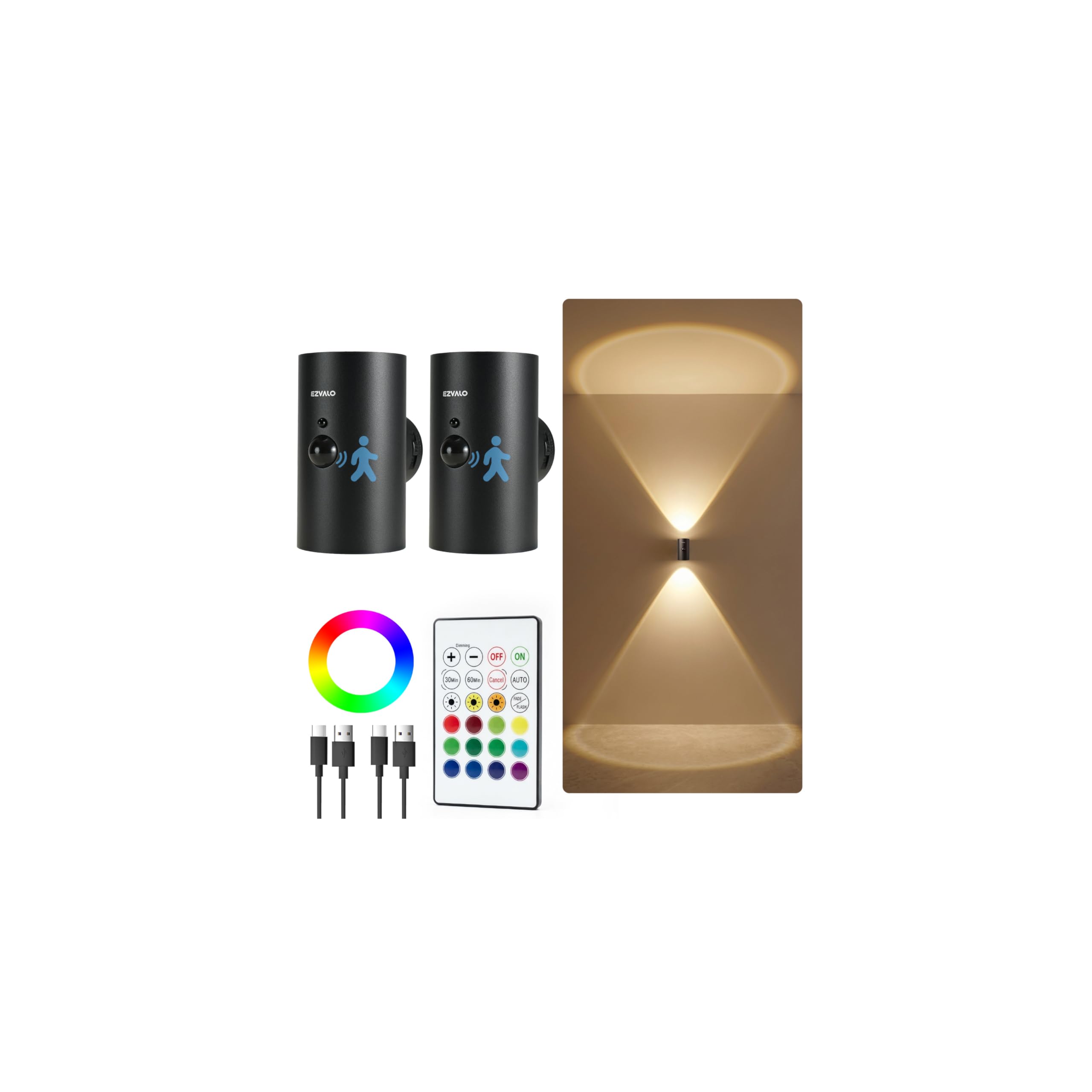 EZVALO Motion Sensor Wall Light, 4000mAh Rechargeable Battery Operated Wall Sconce, RGB & 3 Color Temps with Remote, Wireless Am