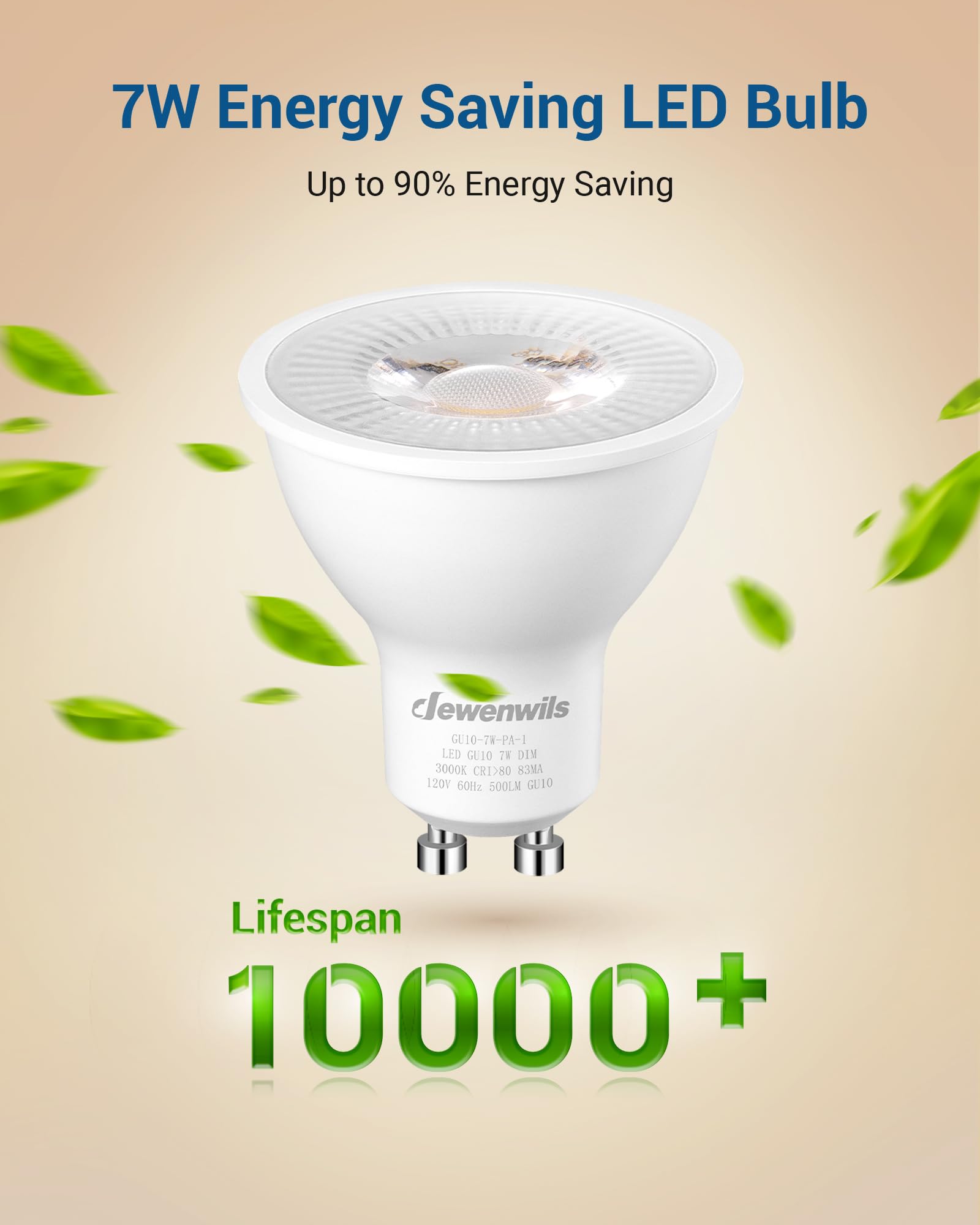 Dewenwils 10-Pack Gu10 Led Bulb Dimmable, 3000K Warm White Gu10 Bulb Replacement For Track Lighting, 500Lm, 7W(50W Equivalent) Led Light Bulb For Kitchen, Range Hood, Living Room, Bedroom, Ul Listed