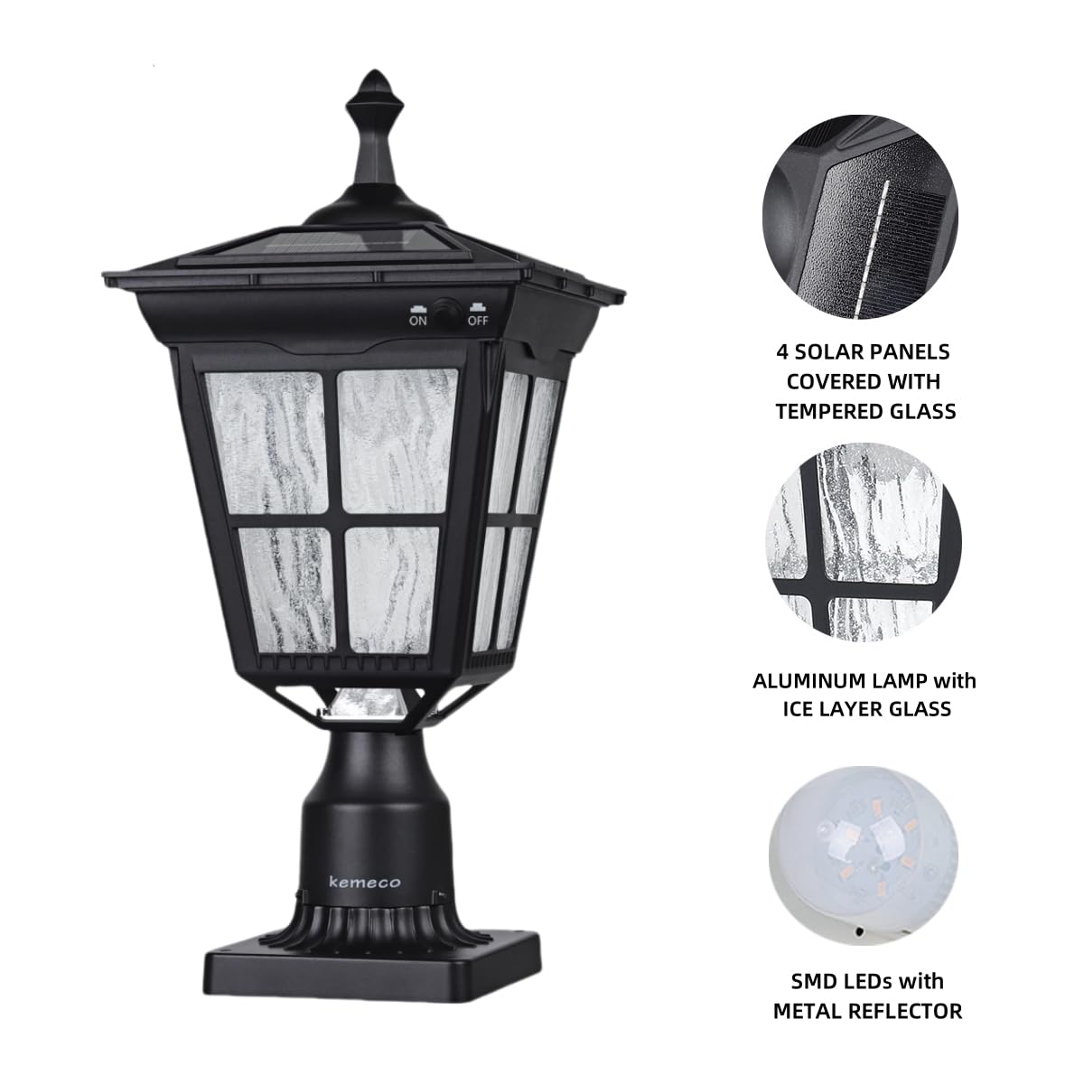 Kemeco ST4311AQ LED Solar Post Light Fixture, 3-Inch Fitter, Black Metal for Outdoor Garden Mount