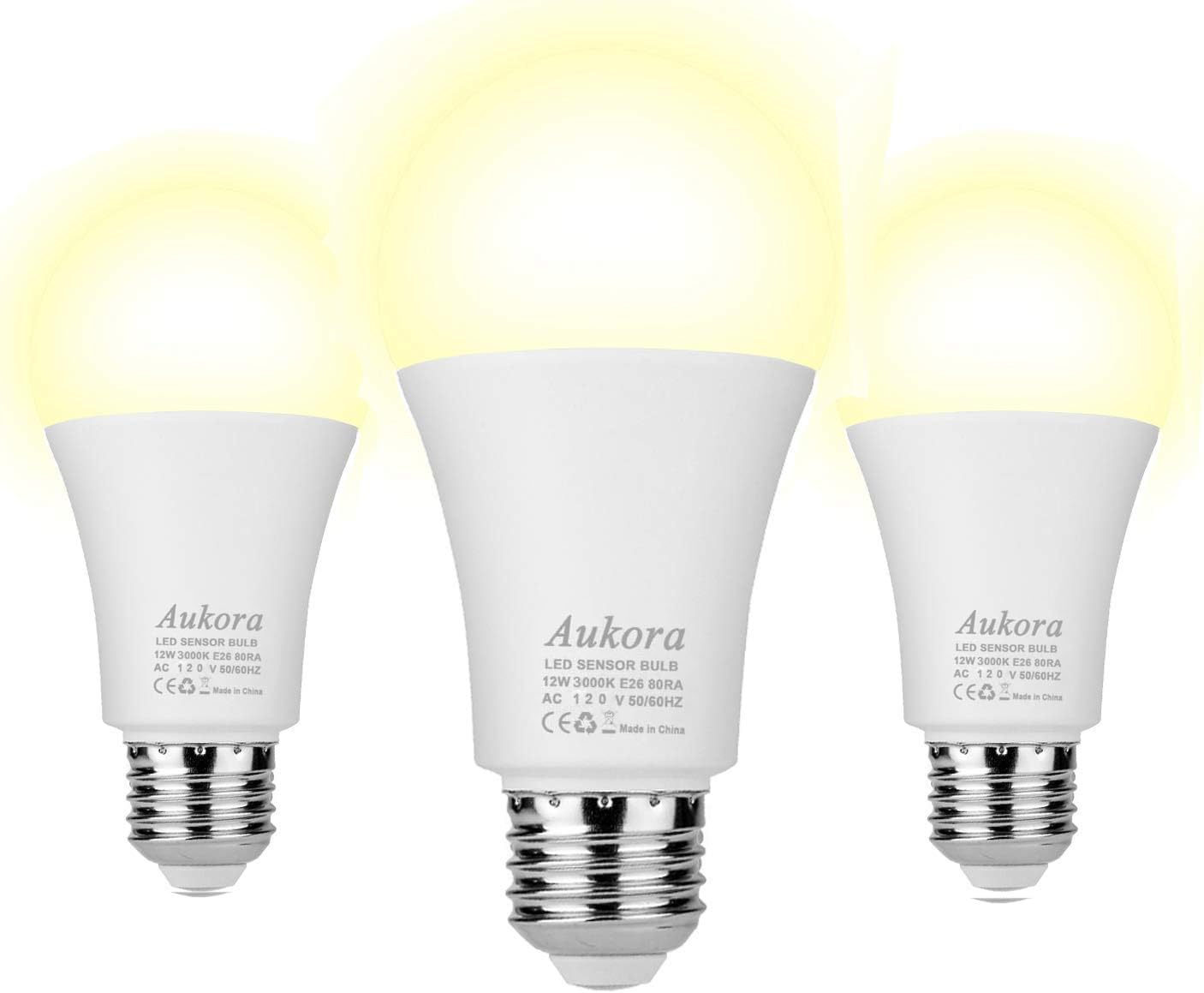 Aukora Dusk to Dawn LED Light Bulb, 12W (100W Equivalent), Warm White, E26 Base, 3 Pack, Automatic On/Off for Indoor/Outdoor Use