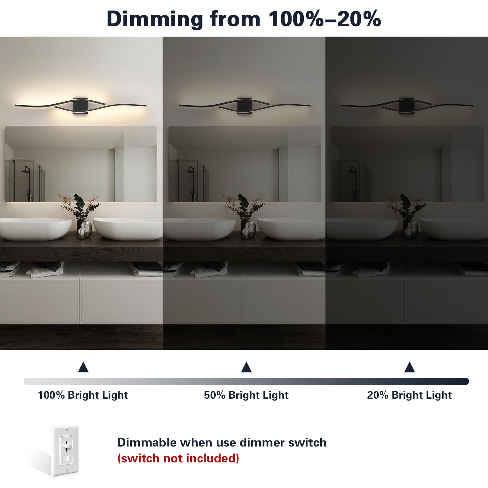Joossnwell Bathroom Light Fixture, 39.4 Inch Dimmable LED Vanity Light, Black Aluminum, Model 3217