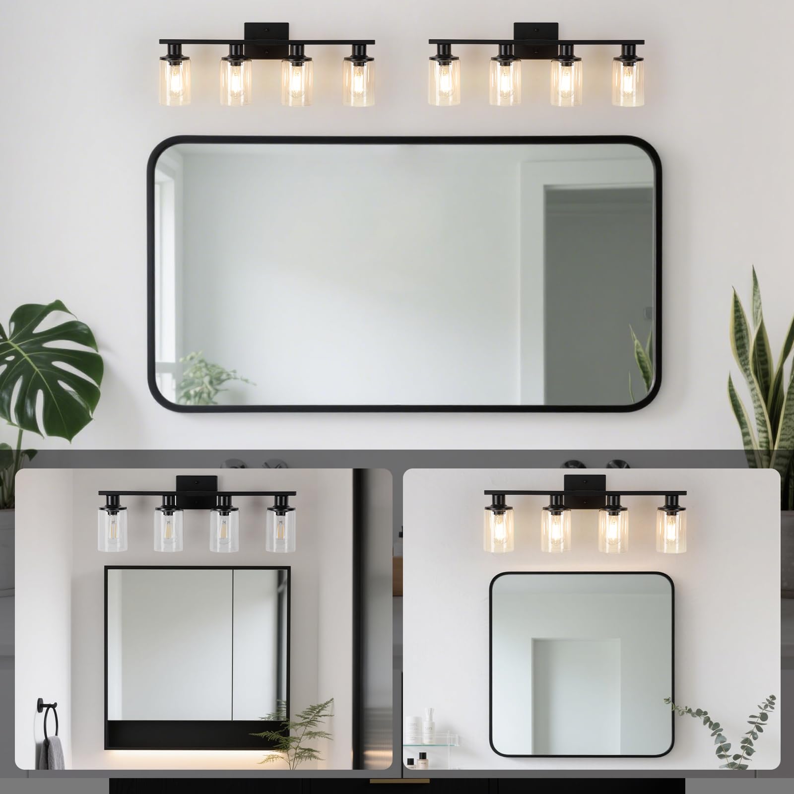 Litaddscen Matte Black Bathroom Light Fixtures Over Mirror 4-Light Bathroom Vanity Light With Clear Glass Shade Modern Farmhouse Wall Sconces Lighting For Mirror Kitchen Living Room Cabinet