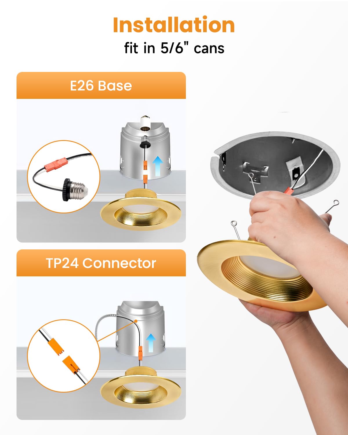 Wembanma 6 Inch LED Can Light - 5CCT Dimmable, 13.5W 1200LM, Metal Baffle Trim, Gold, Model 6RCL