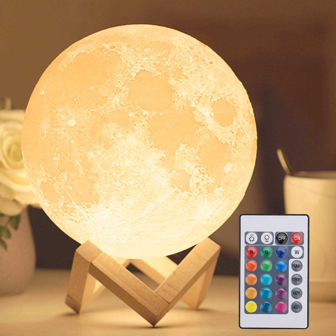 Mydethun 16 Colors Moon Lamp - Home Décor, Moon Light with Brightness Control, LED Night Light, Bedroom, Living Room, Mothers Day Gifts, Birthday Gift, Wooden Base, 7.1"