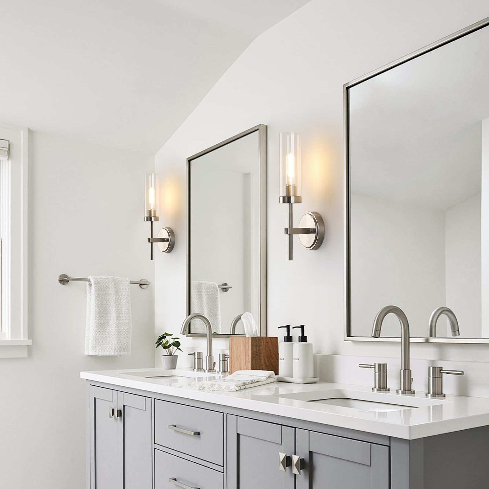 Wilon Bathroom Wall Sconces Set Of 2, Brushed Nickel Vanity Lights For Bathroom, Indoor Wall Light Fixtures With Clear Glass Sha