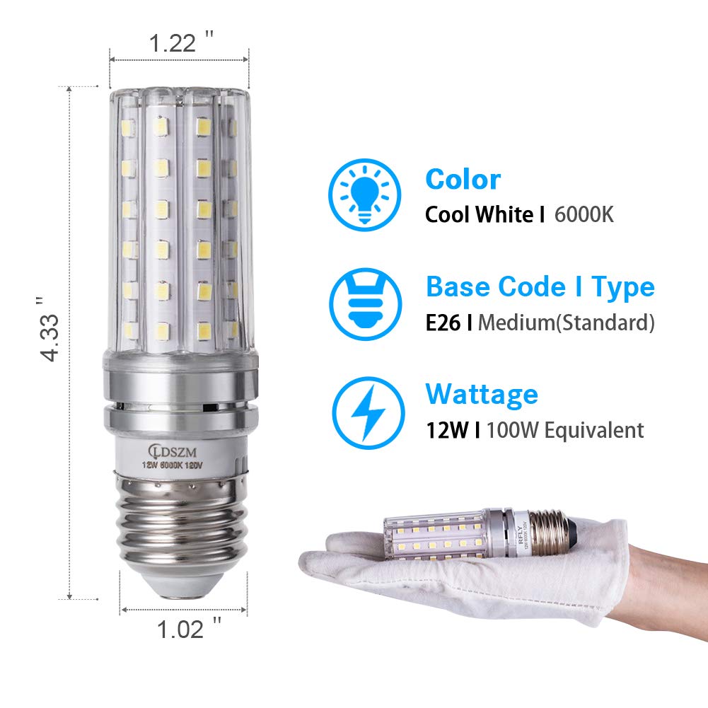 LDSZM LED Corn Light Bulb 12W E26 Base 6000K Cool White 1200 Lumen Pack of 4