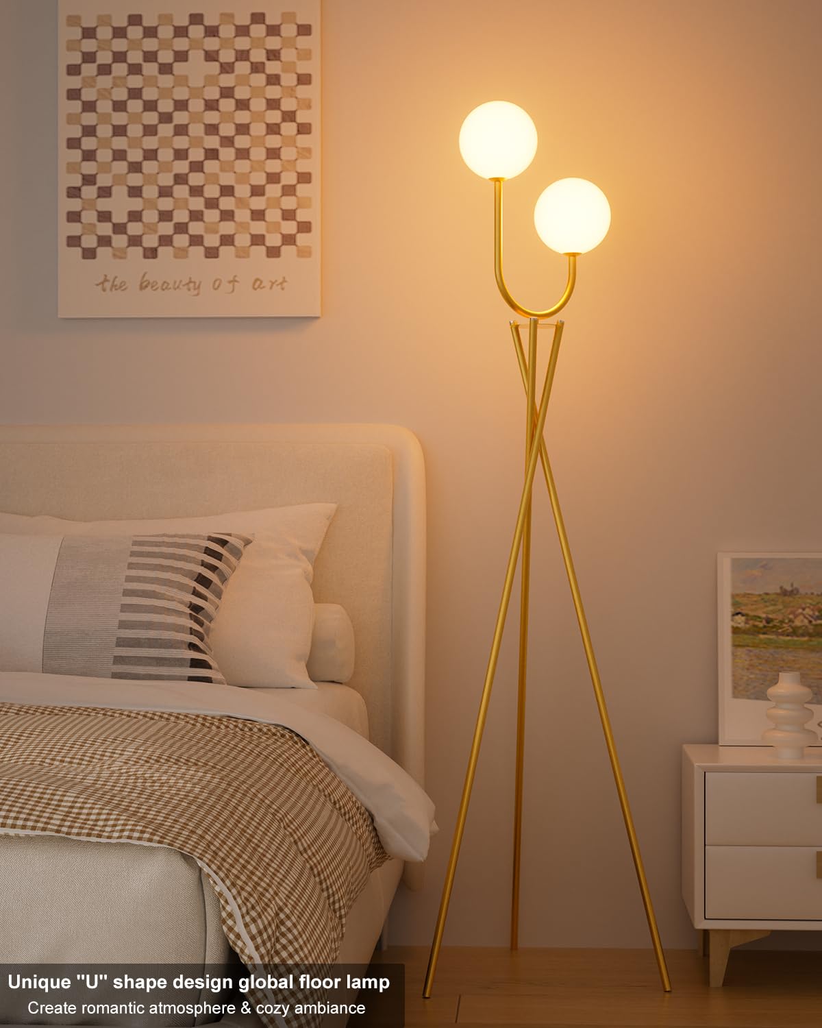 Lightdot Gold Floor Lamp Mid Century Tripod Floor Lamp With U-Stylish 2-Lights With 2Pcs 3000K G9 Bulbs Tripod Standing Lamps Wi