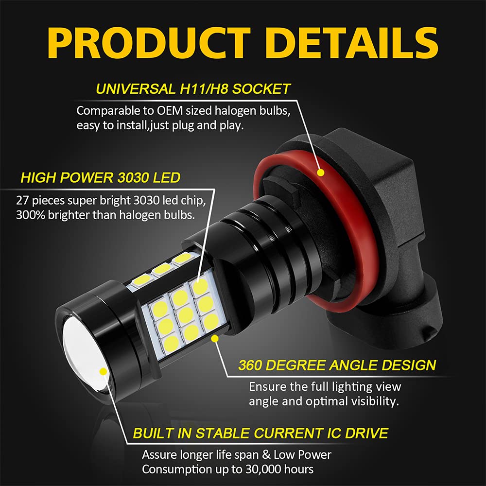 AUXLIGHT H11 LED Fog Light Bulbs, 2400 Lumens, Aluminum, H11/H8/H16(JP), Xenon White