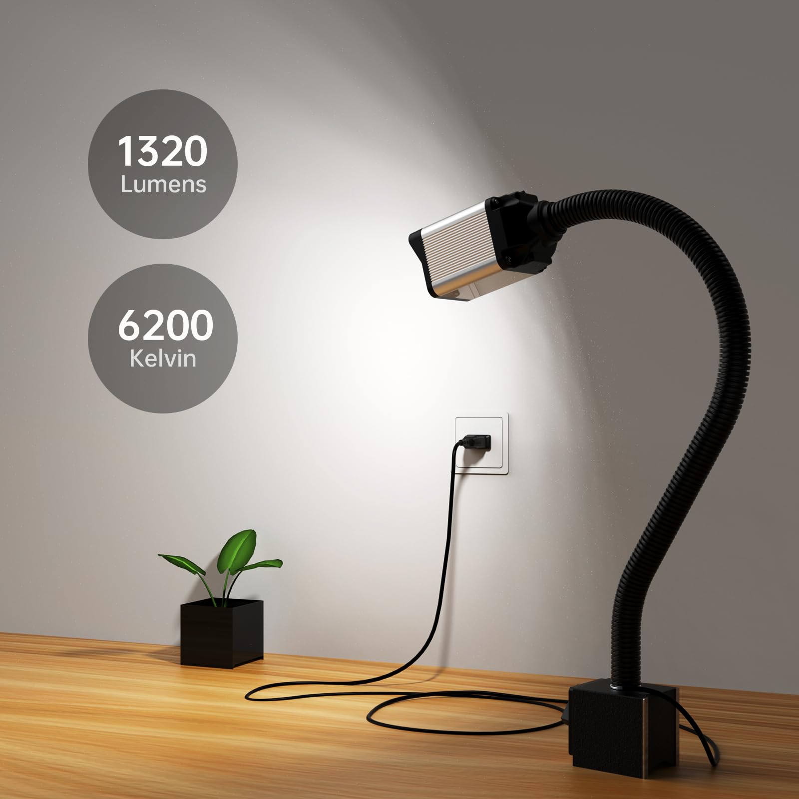 S SHUN CAN DA LED Lathe Work Light, 20in Flexible Gooseneck, 1200 Lumen, Black, Model 30E+6101, Base with 4 Screw