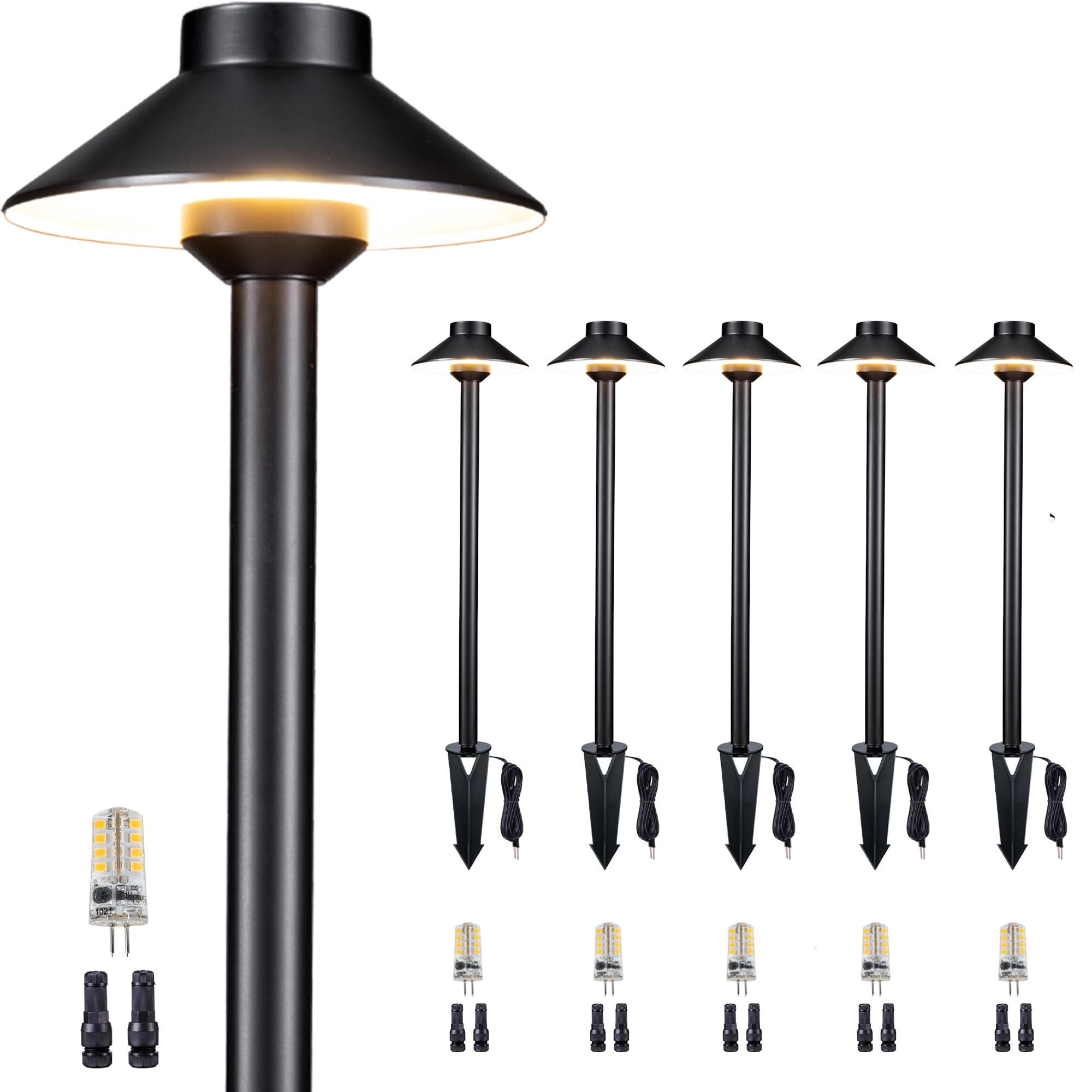 Gardenreet Low Voltage Landscape Lighting - Solid Brass Pathway Lights 12V, LED Path Lamp Waterproof, Hat Shaped Wired Black for