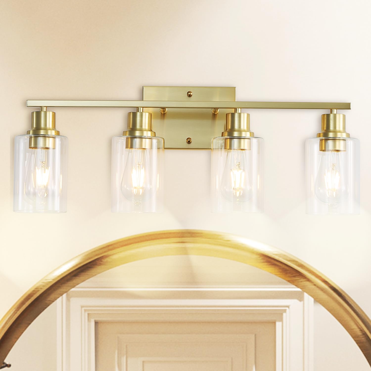 Jodauirt 4-Lights Gold Bathroom Vanity Light Fixtures,Brushed Gold Wall Sconces With Clear Glass Shades, Farmhouse Modern Wall Lighting ?For Mirror,Living Room,Bedroom