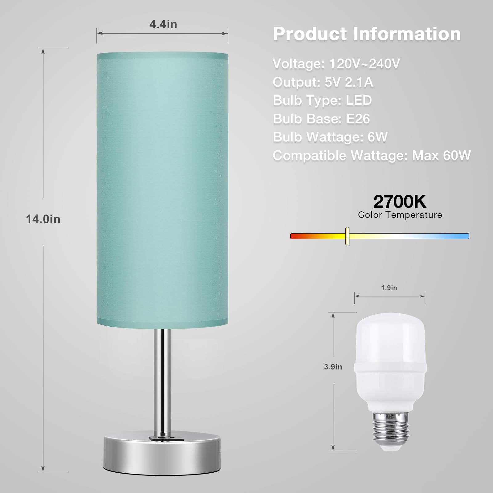 Dicoool Teal Touch Bedside Lamp - 14in Small Coastal Table Lamp with USB-C, USB-A, 3-Way Dimmable, Silver Base