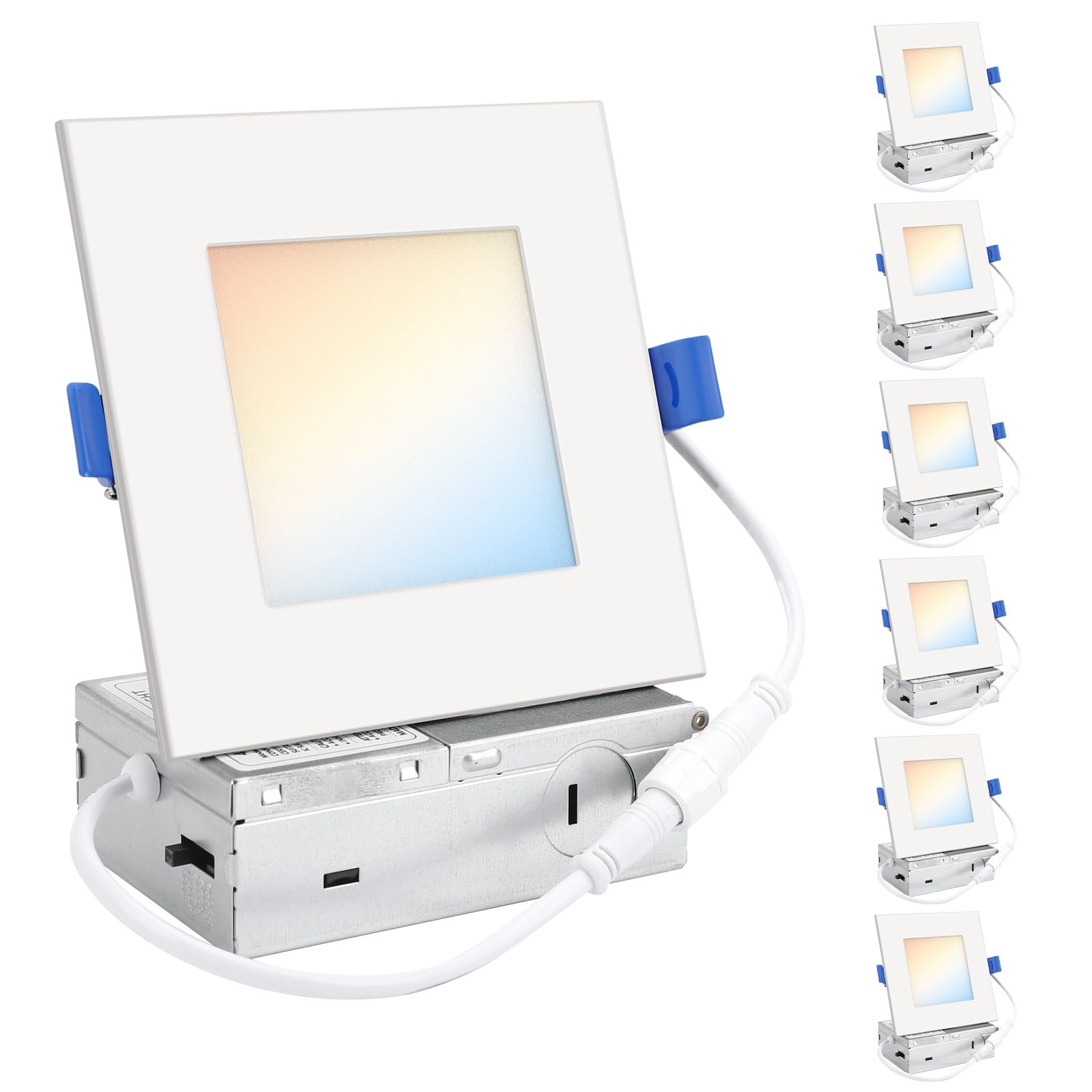 Honzin Square Led Recessed Lighting 4 Inch  5Cct Ultra Thin Led Recessed Ceiling Lights 6 Pack  Selectable 2700K/3000K/3500K/4000K/5000K  9W  Ic Rated  Dimmable Square White Trim With Junction Box