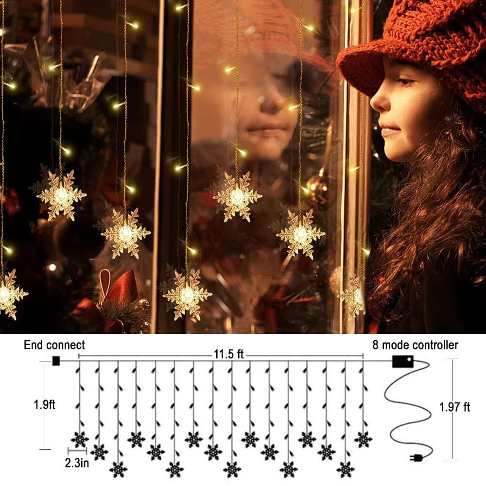 Christmas Snowflake Window Curtain String Lights, 20Ft 40 Led Fairy Lights Battery Operated Waterproof Lights Indoor Outdoor Decorations For Bedroom Party Patio Room Garden Home Xmas Tree Decorations