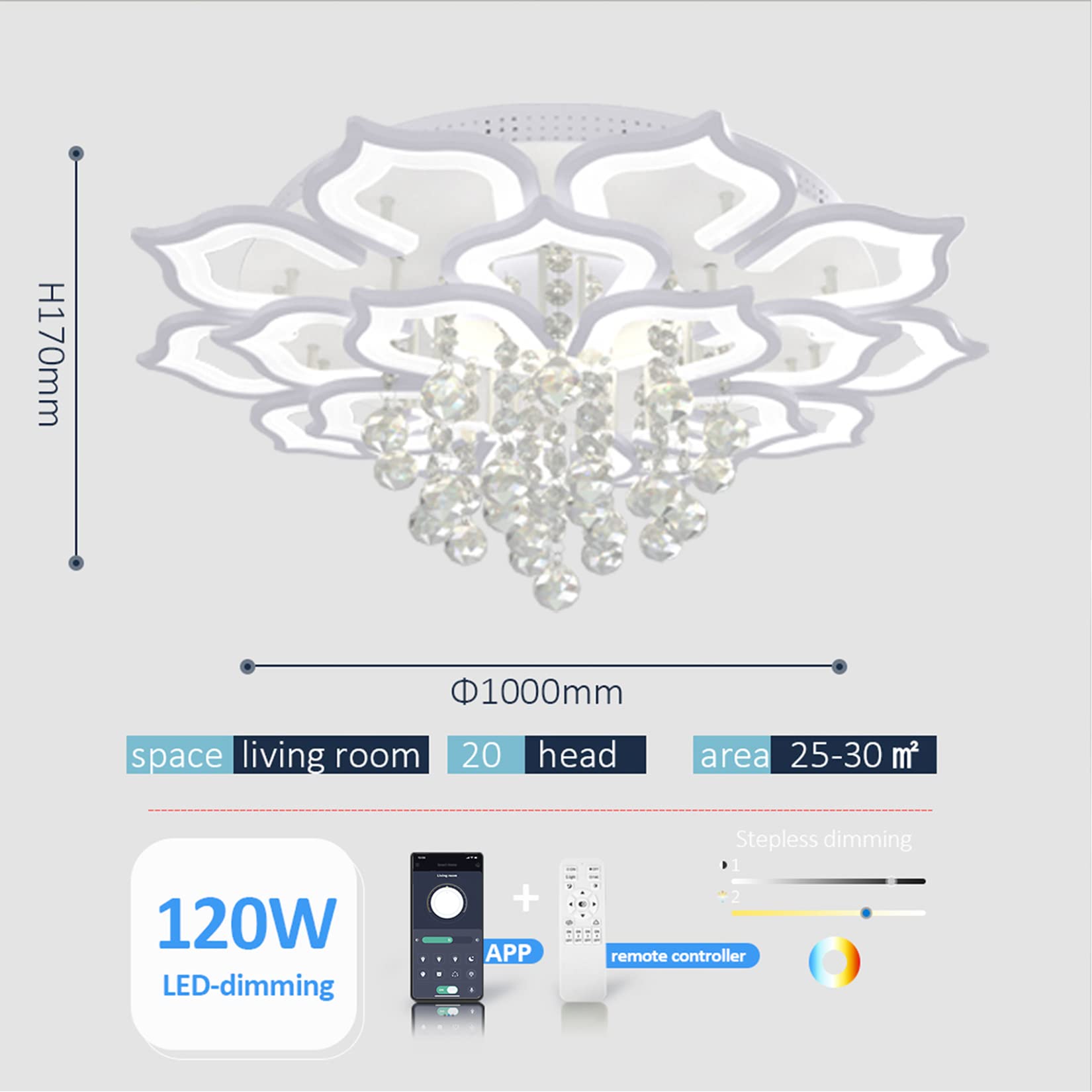 AHAWILL Modern Ceiling Light LED Chandelier, 39.4in/120W, 20 Heads, Acrylic, White, Model 204hh