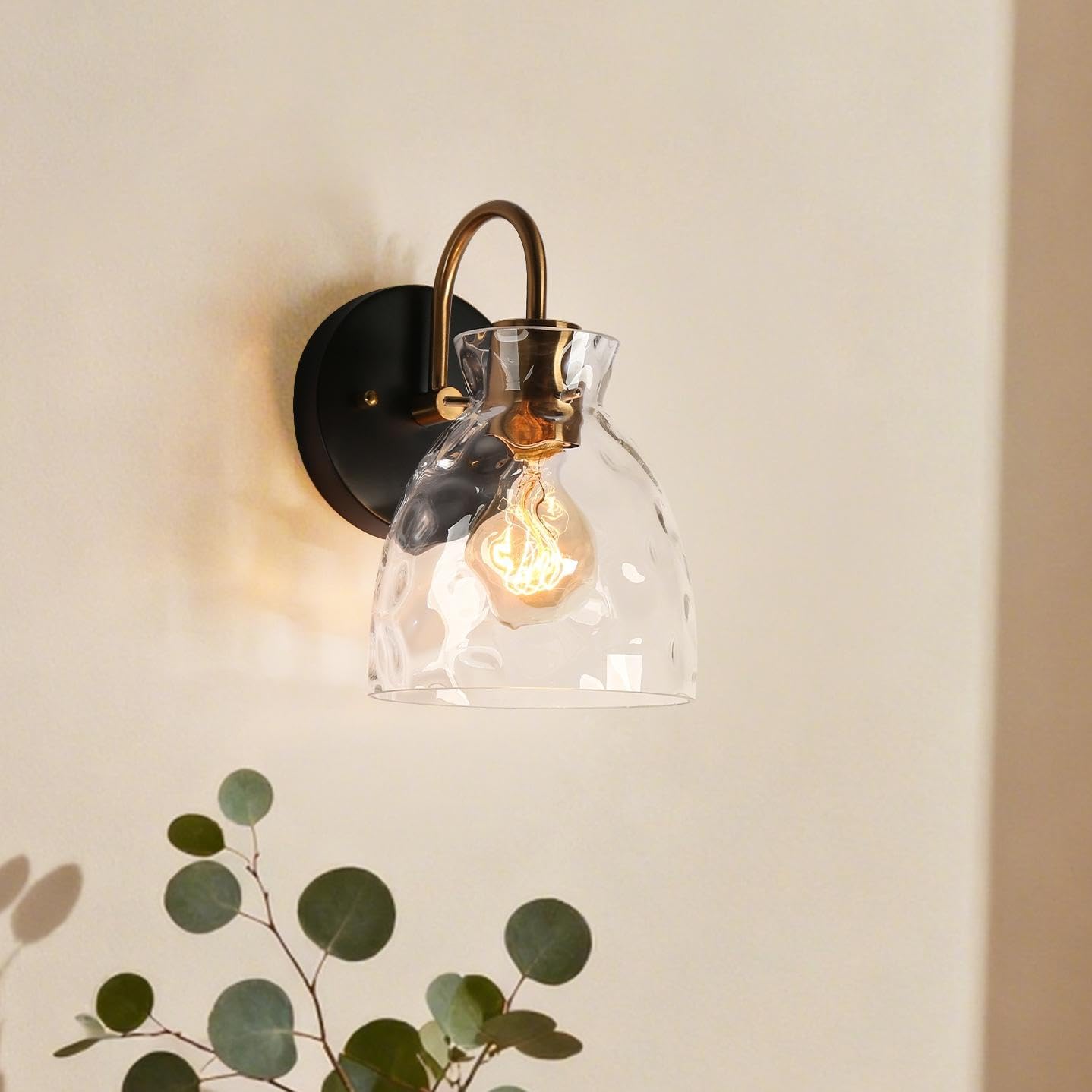 KSANA Mid-Century Modern Wall Sconce, 1 Light Black and Electroplated Copper Sconce Wall Light with Textured Glass Bathroom Wall