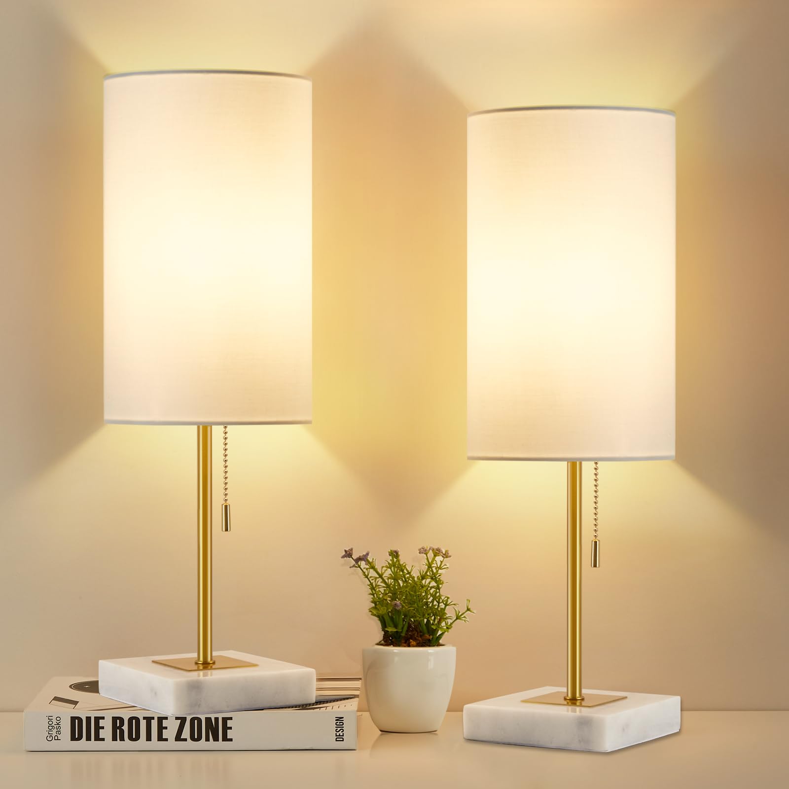Luvkczc Minimalist Marble Table Lamp Set of 2 for Mens Room - Bedside Nightstand Lamps&Small Desk Lamp for Boys Study Room, Offi