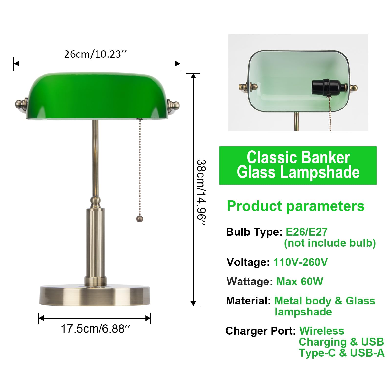 Firvre Green Glass Bankers Lamp With Usb & Wireless Charging, E26 Base, Traditional Design