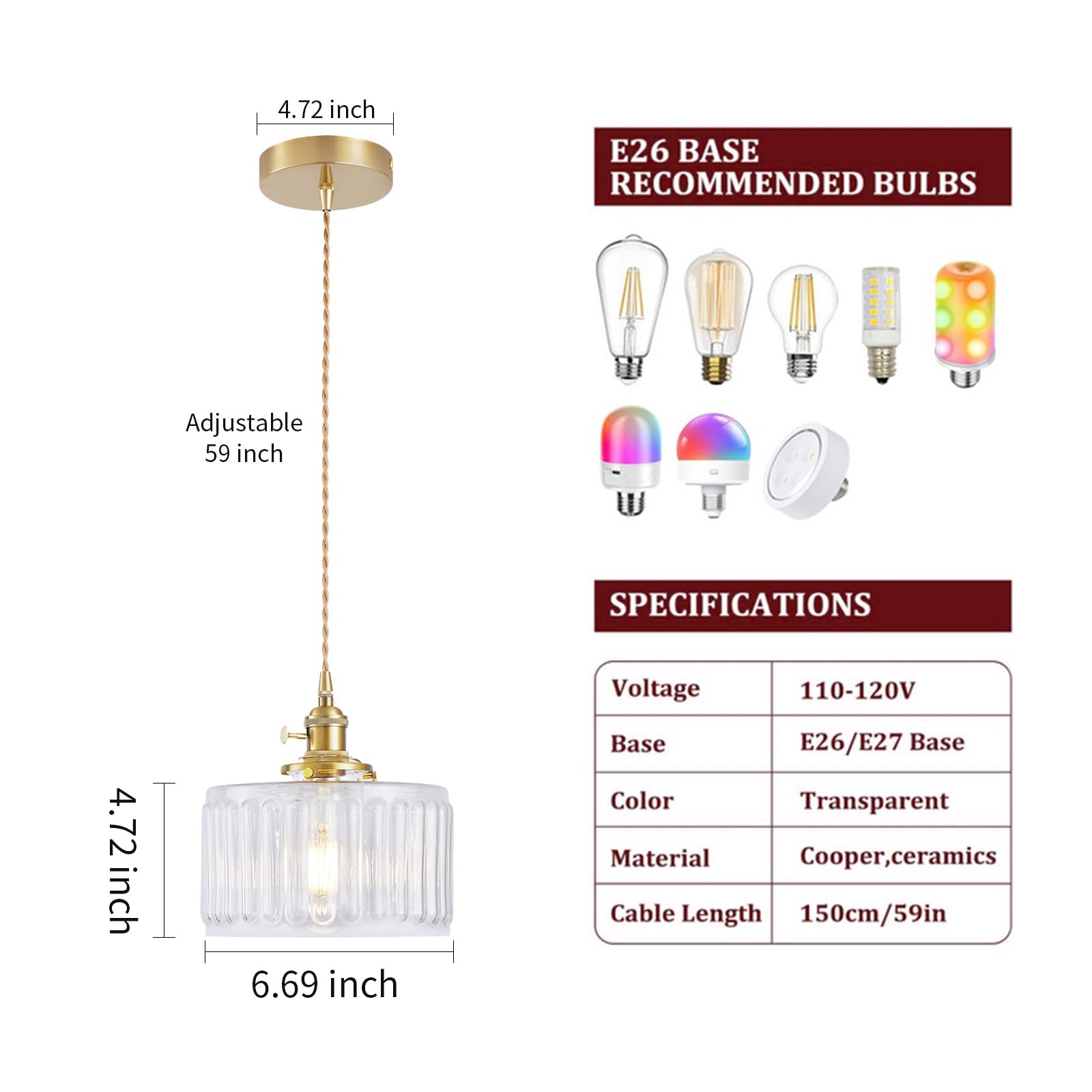 WimiSom Industrial Pendant Lighting, Clear Glass Shade, Adjustable, 2-Pack for Kitchen, Living Room, Bedroom - Model Glass-003