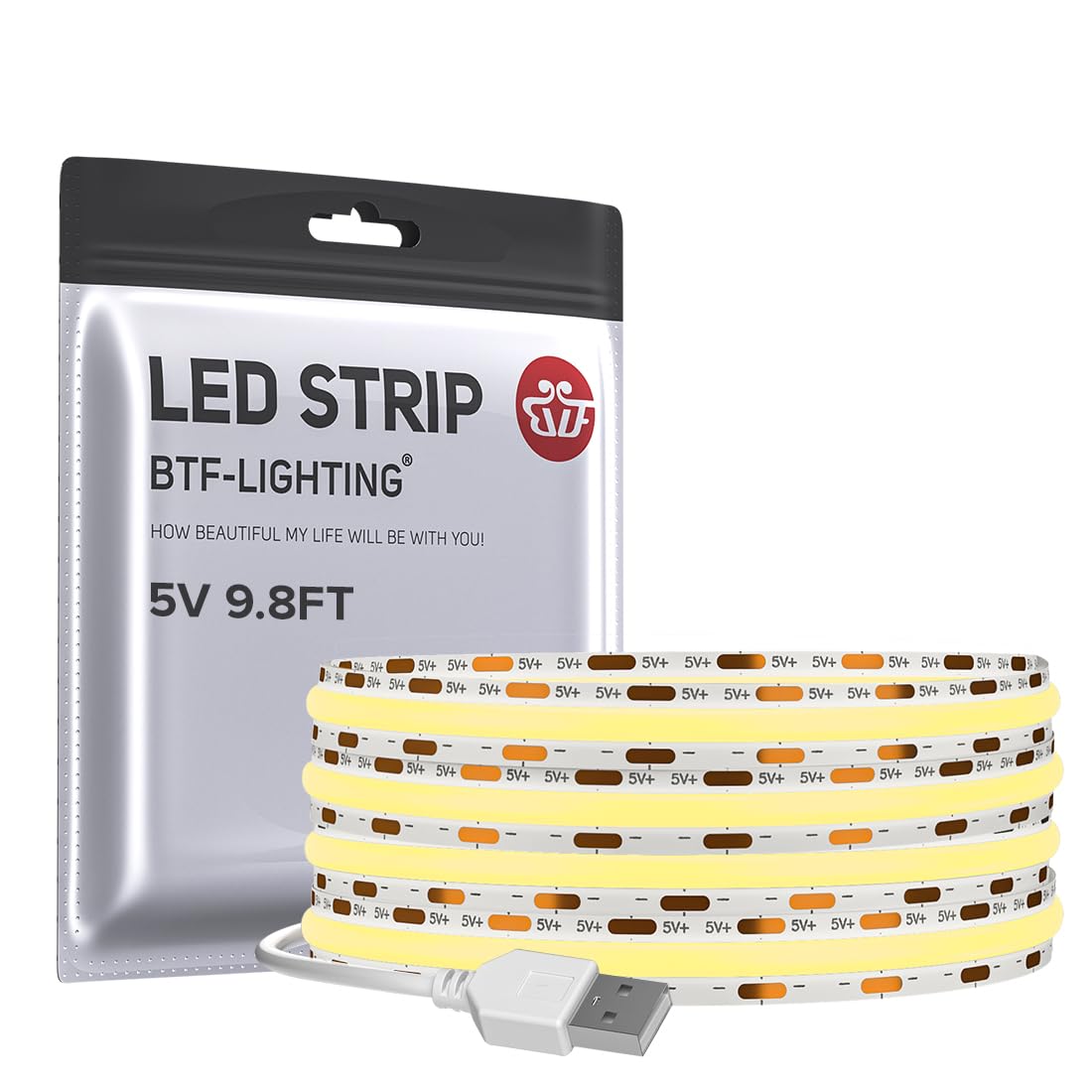 BTF-LIGHTING FCOB USB Powered Warm White 3000K COB LED Band Lights 9.8FT 960LEDs 5V 8mm Width 90+ High CRI Ultra Bright Flexible Light for TV Backlight Display Cabinet PC DIY Decor