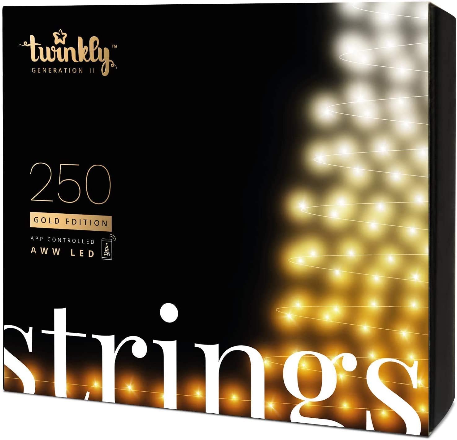Twinkly Strings 250 White LED, LED Light String for Outdoor and Indoor, White Christmas Lights from Warm to Cool, Mappable LEDs, Compatible with Alexa, Google Home, IP44, App Control, Black Wire, 65ft