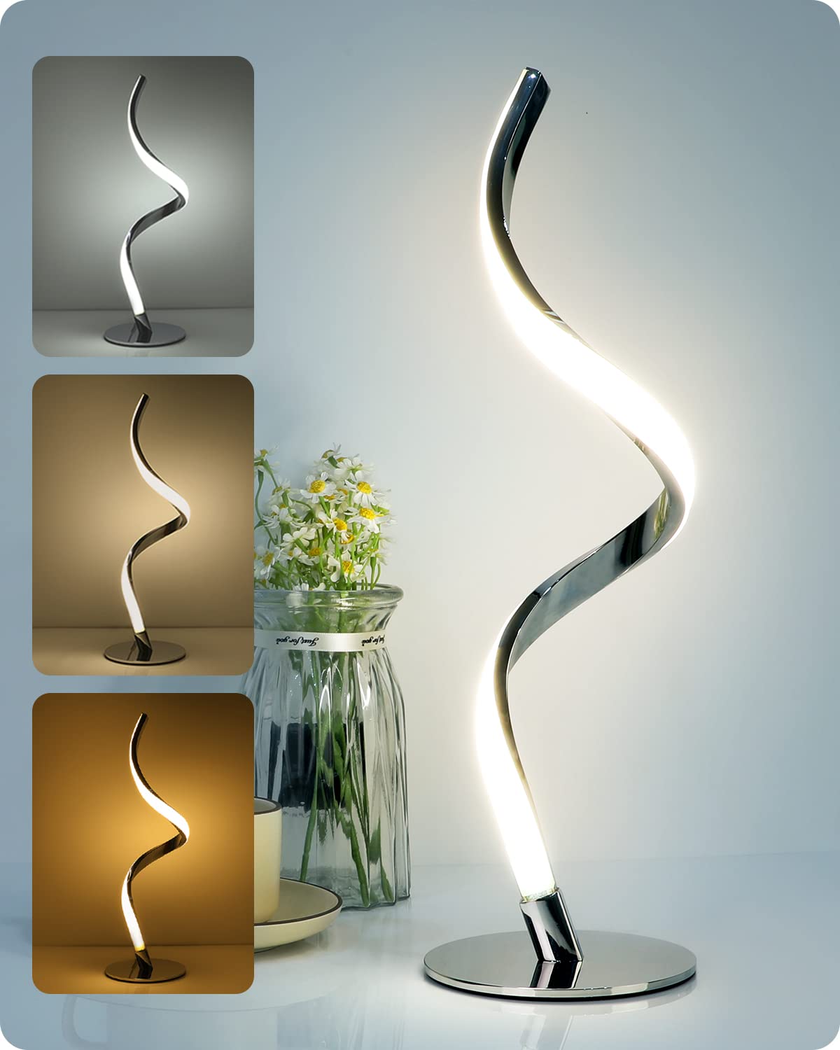 Yarra-Decor Modern Spiral Bedside Lamp - Touch Control LED, Dimmable, 3000K/4000K/5000K, Silver, Model TD-010SPIRAL