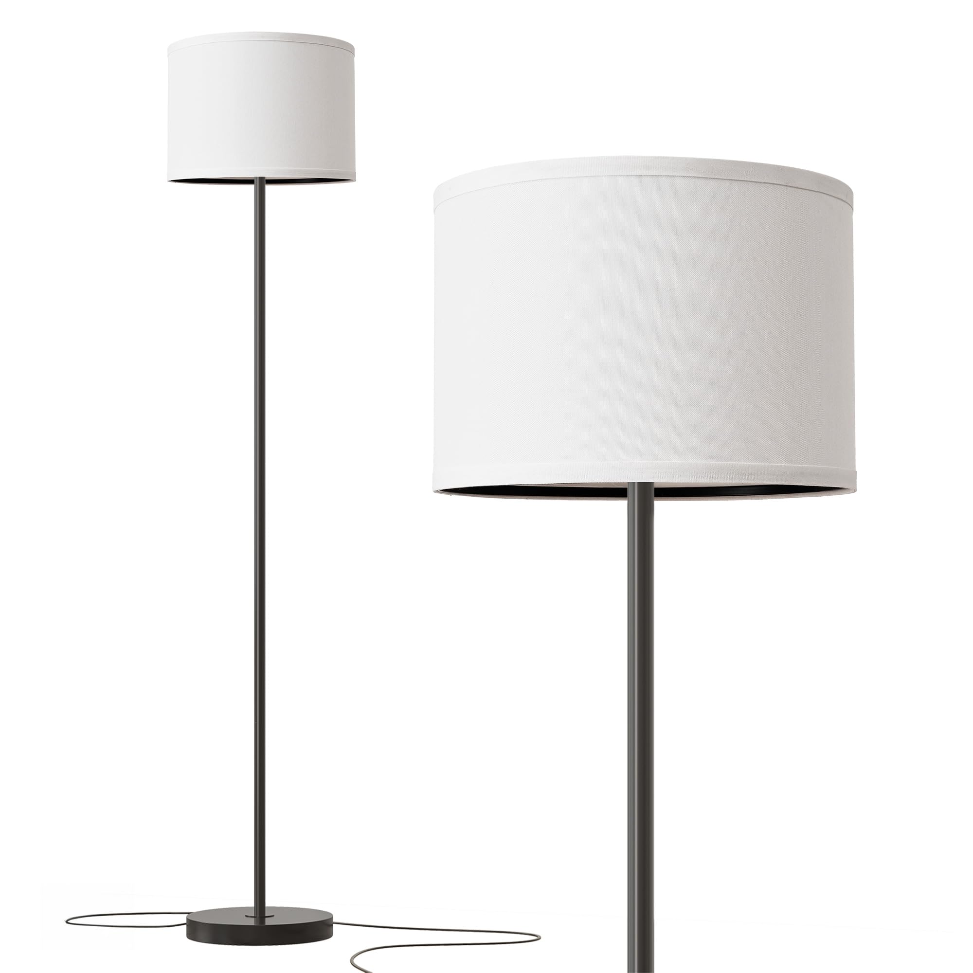 Oneach Floor Lamp - 61in Rustic Industrial Design, Metal, Black Pole with White Shade, Model AMZ-F1154BK-WH