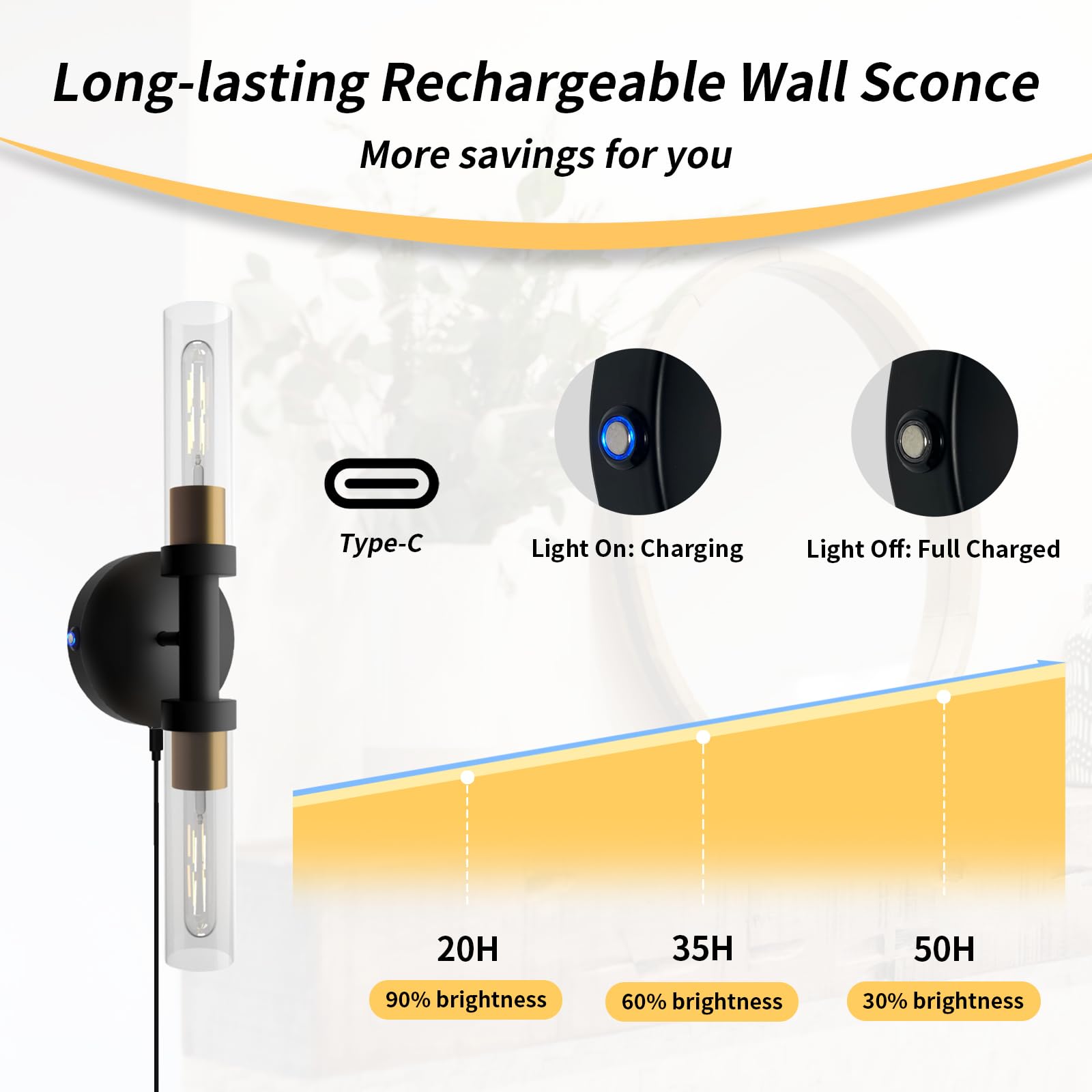 ThyFenno Rechargeable Dimmable Wall Sconce Set of 2, Touch Control, Black Gold & Clear Glass, Model TF-1T L3