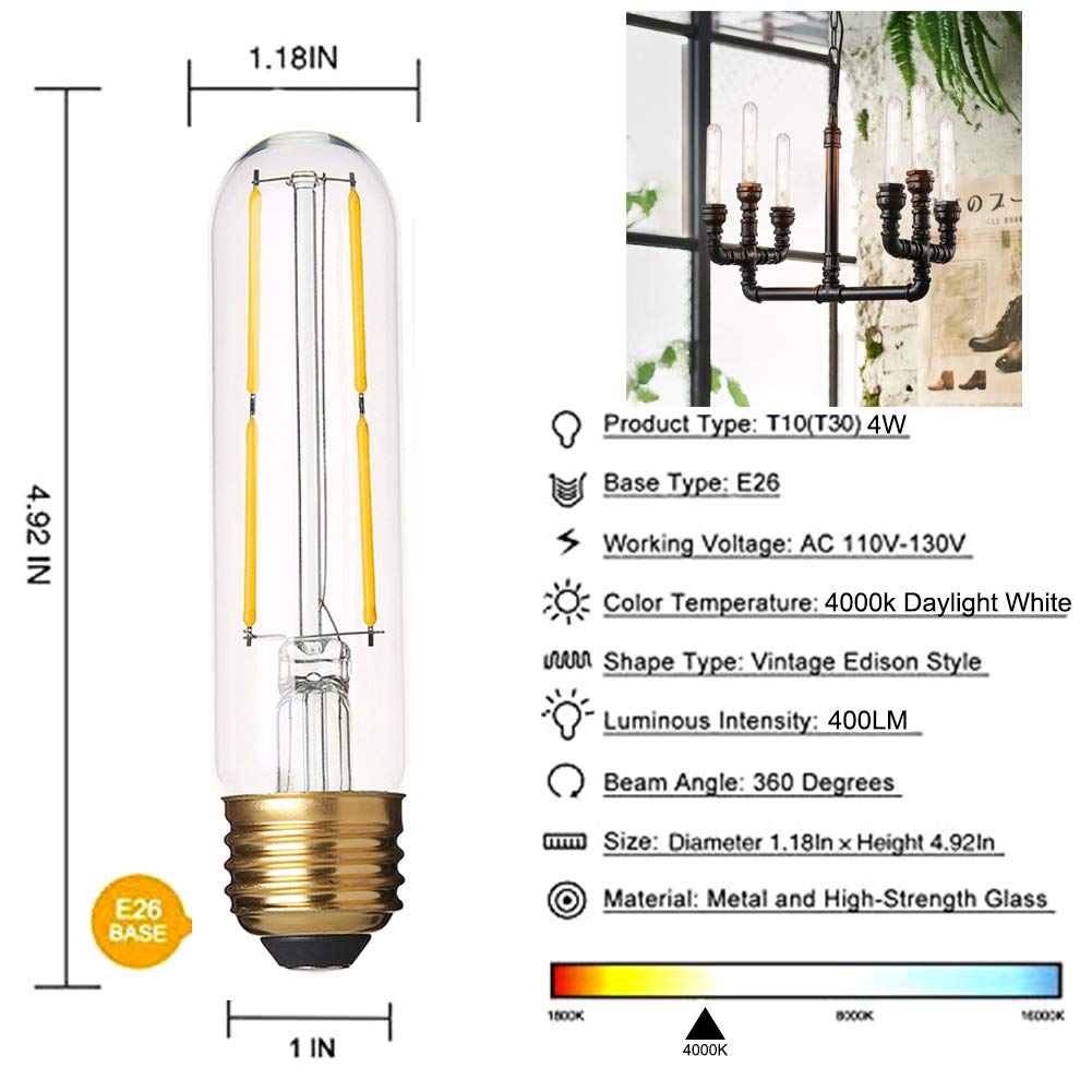 Yfxrlight Dimmable 4W Edison Led Tubular Bulb T10, Daylight White 4000K, Vintage Led Filament Light Bulb, E26 Medium Base, 40 Wa