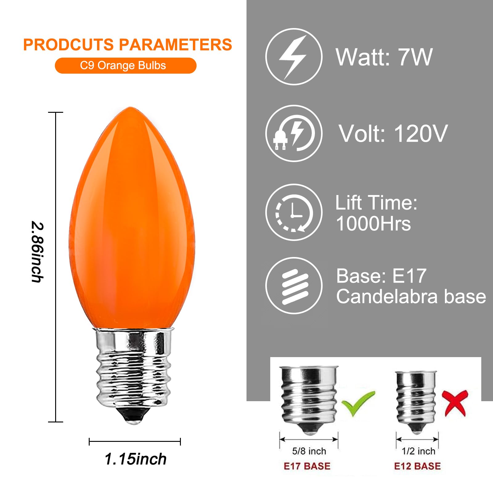 25 Pack C9 Orange Halloween Replacement Light Bulb, C9 Orange Christmas Lights Bulbs For Halloween Outdoor Patio String Lights, E17 Intermediate Base Night Light Bulbs, 7 Watt, 120 Volt- Orange