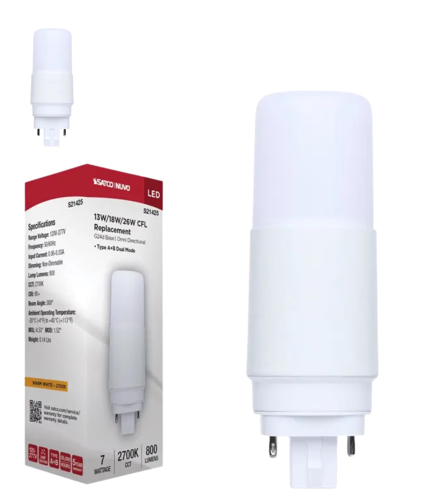 Satco S21425 7W LED PL Light Bulb G24d 2-Pin, Type A/B Dual Mode (Ballast Compatible or Bypass), 2700K Warm White, 800 Lumens, R