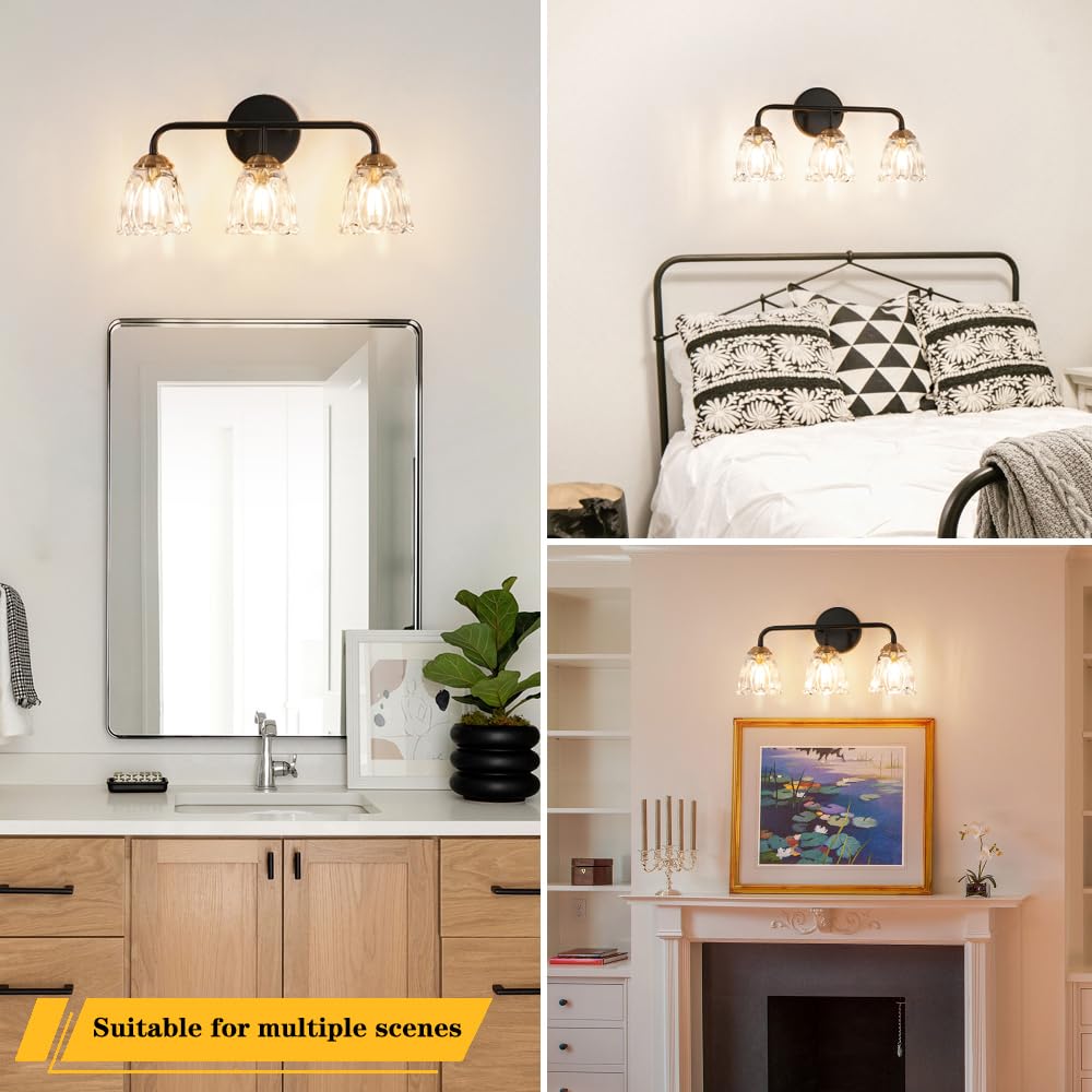 Vintage 3 Light Vanity Light, Black And Gold Bathroom Vanity Light Fixtures, Bathroom Light Fixtures With Glass Shade, Antique Vanity Light Fixtures Over Mirror, Wall Sconce For Bedroom, Living Room