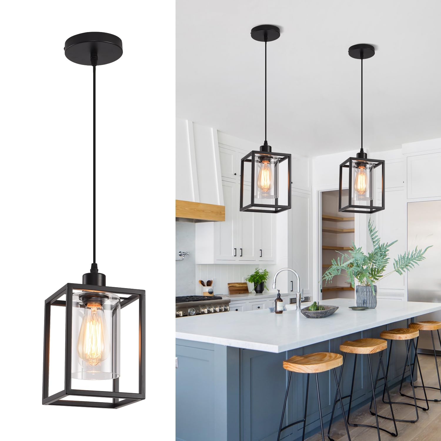 AOJUNSANSAN Black Pendant Lights for Kitchen Island Industrial Lantern Pendant Light Fixtures with Clear Glass Shade, Farmhouse 