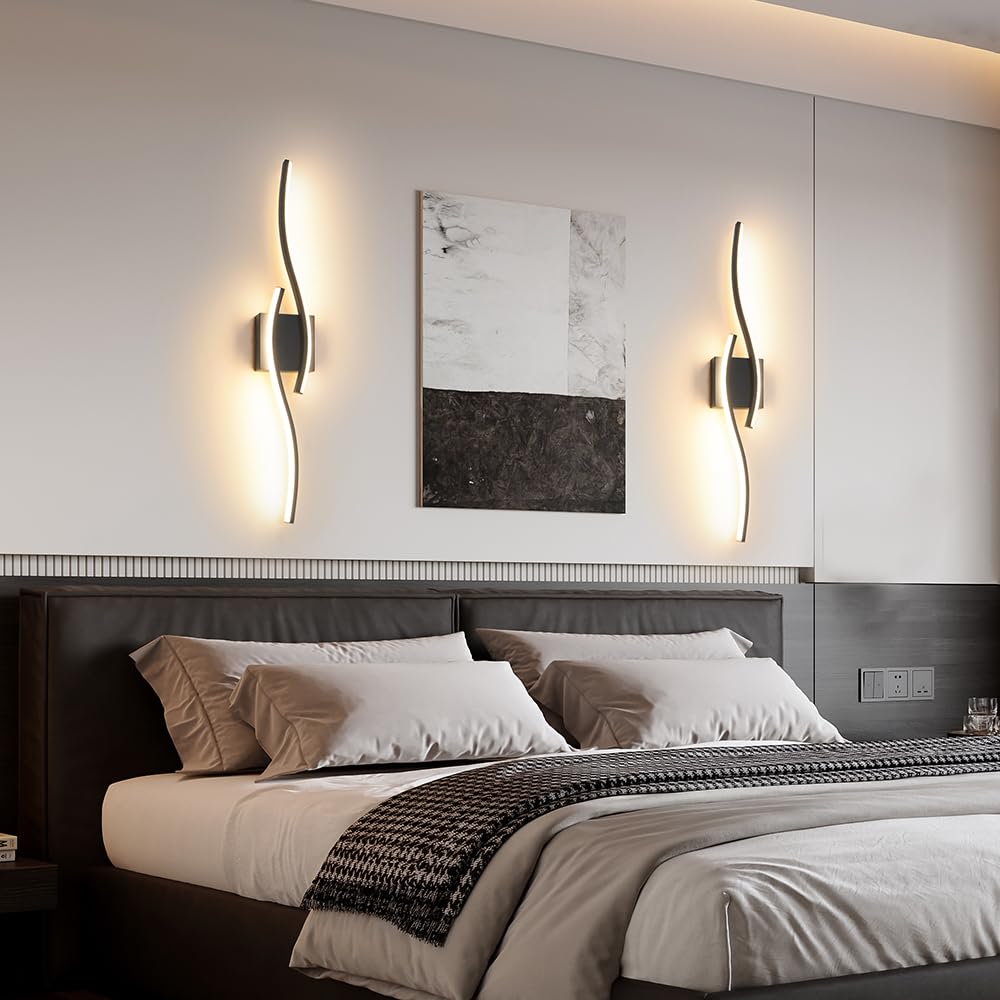 Daunton Modern Hardwired Wall Sconce Set of 2, LED Black Light 27.5in, Dimmable with Remote Control, Metal, Model DX23014V1S-BK