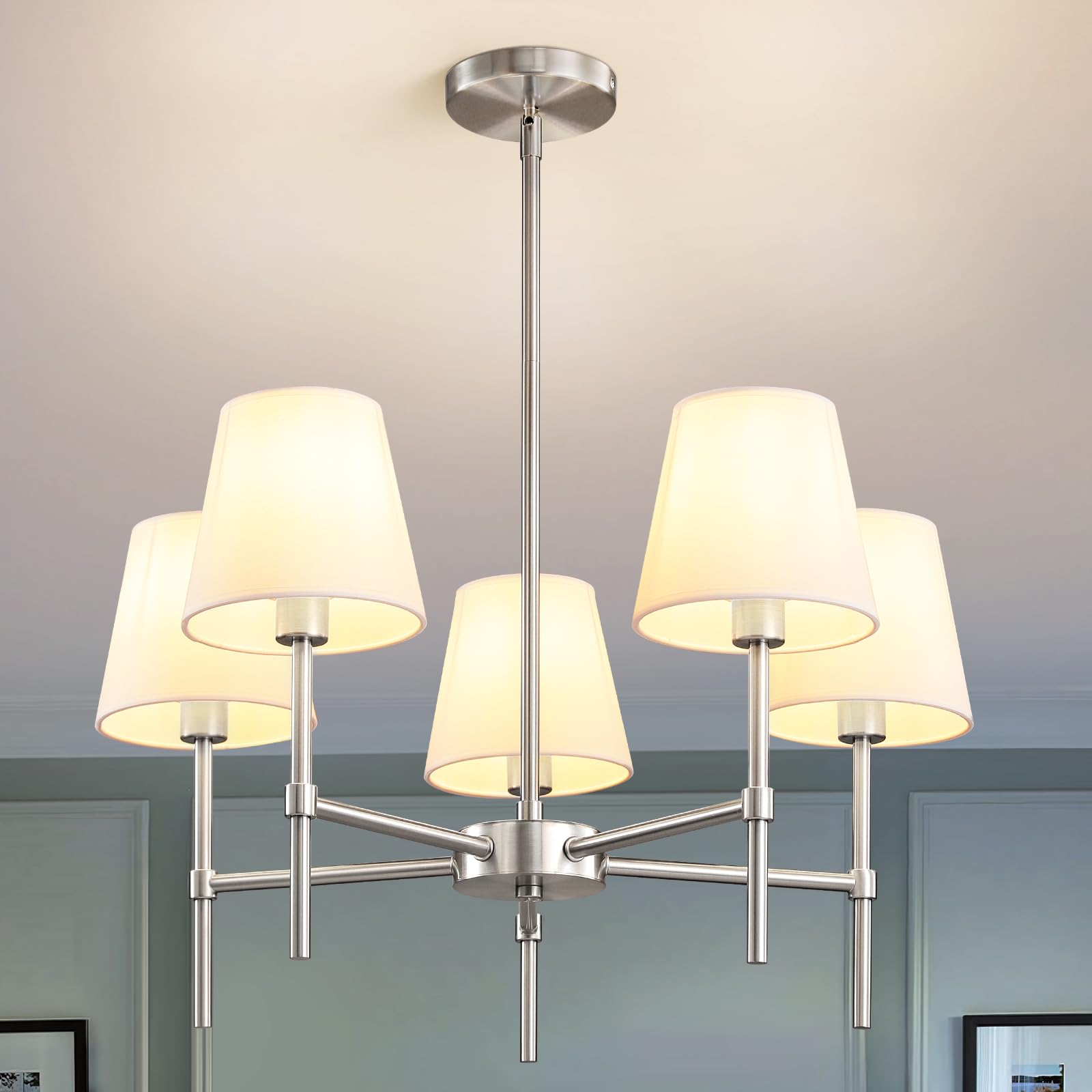 RUIYEY Dining Room Chandeliers Light - 5-Light Brushed Nickel Modern Chandeliers Light Fixtures with White Fabric Shade  Height Adjustable Pendant Island Lights for Entryway Farmhouse