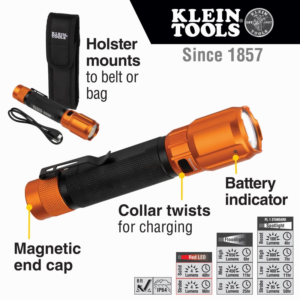 Klein Tools Rechargeable LED Flashlight 1000 Lumens, Spotlight & Floodlight, Anodized Aluminum, Model 56413, White