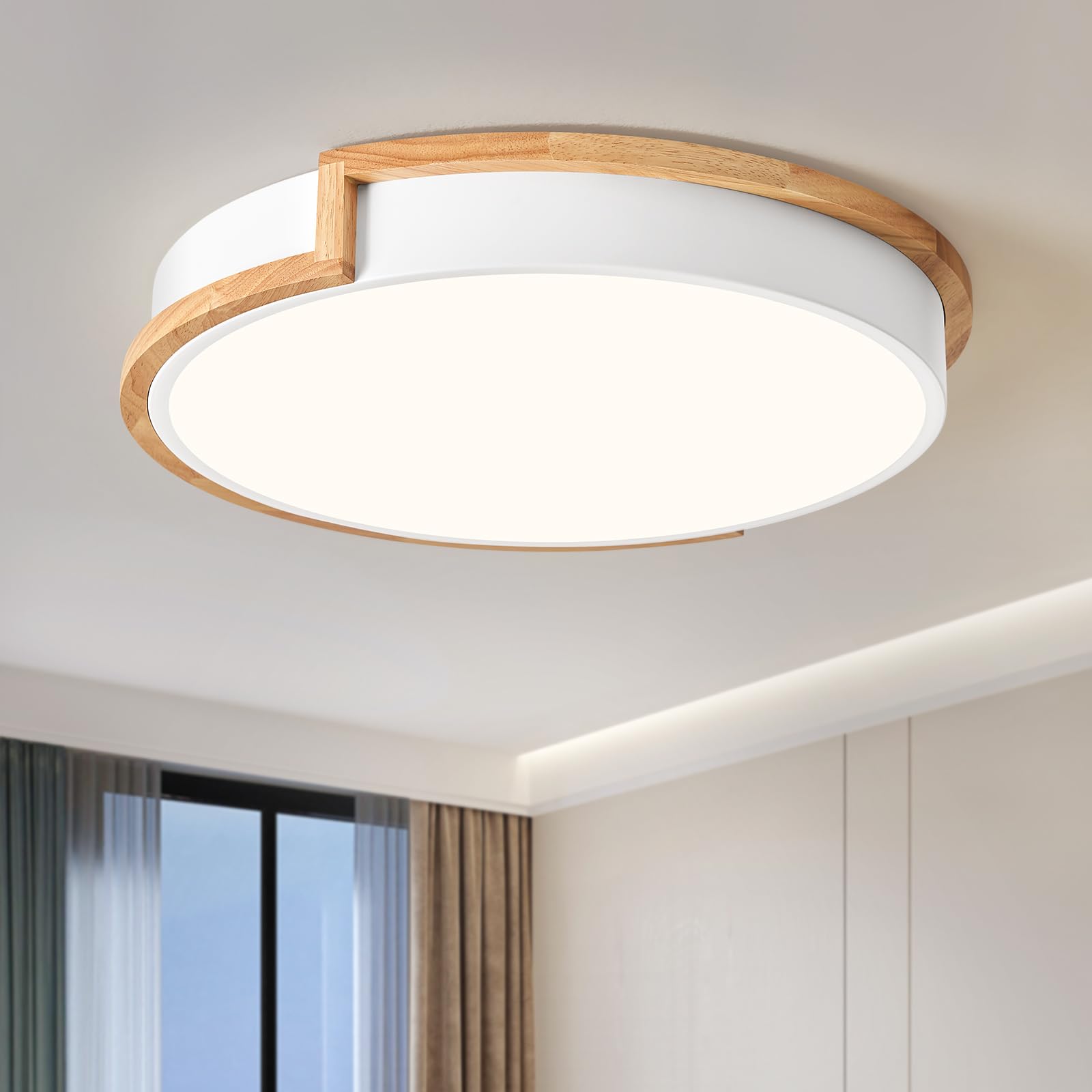 Peblto Modern Led Close To Ceiling Light, Round Flush Mount Ceiling Lighting Fixture, Matte White With Wood Accent, Minimalist K
