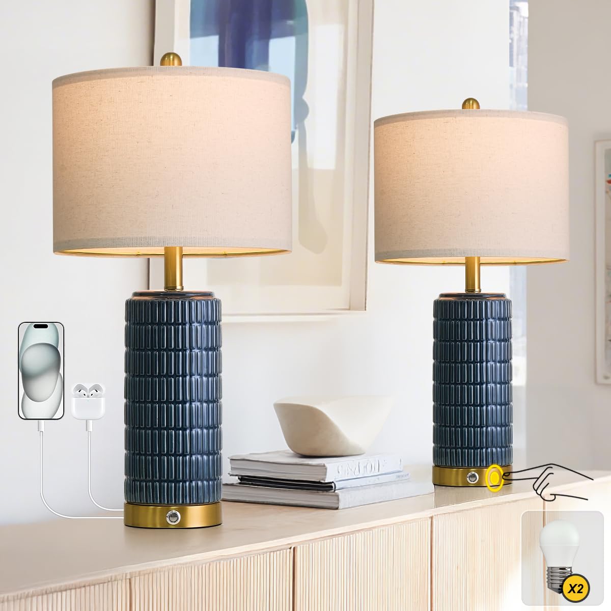 PoKat Touch Bedside Table Lamps with USB Ports for Bedroom  25 Dimmable Nightstand Touch Lamps for Living Room  Blue Ceramic Lamps with Gold Base for Night Stands Bedroom  Nursery  Dark Blue