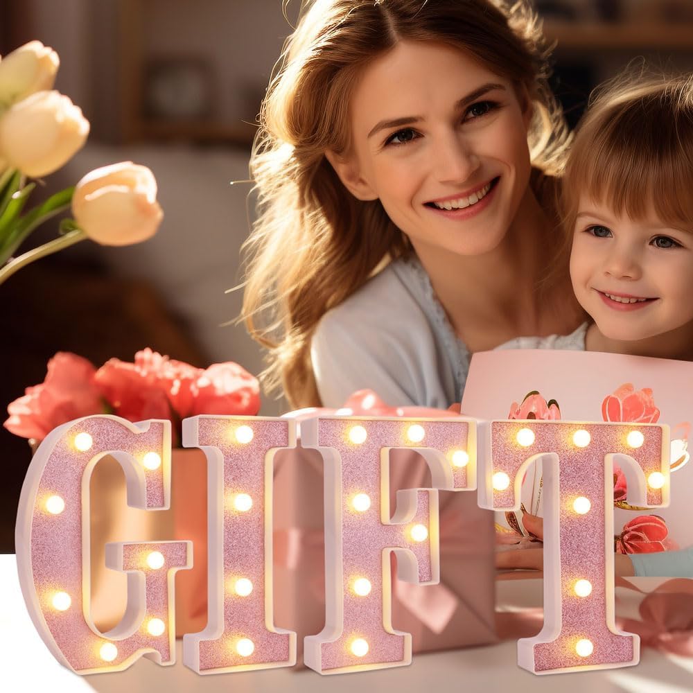 DyingSwan Small LED Marquee Letter Lights, 8.58in Pink Glitter Letter U, Battery Powered Plastic Decor for Parties and Events