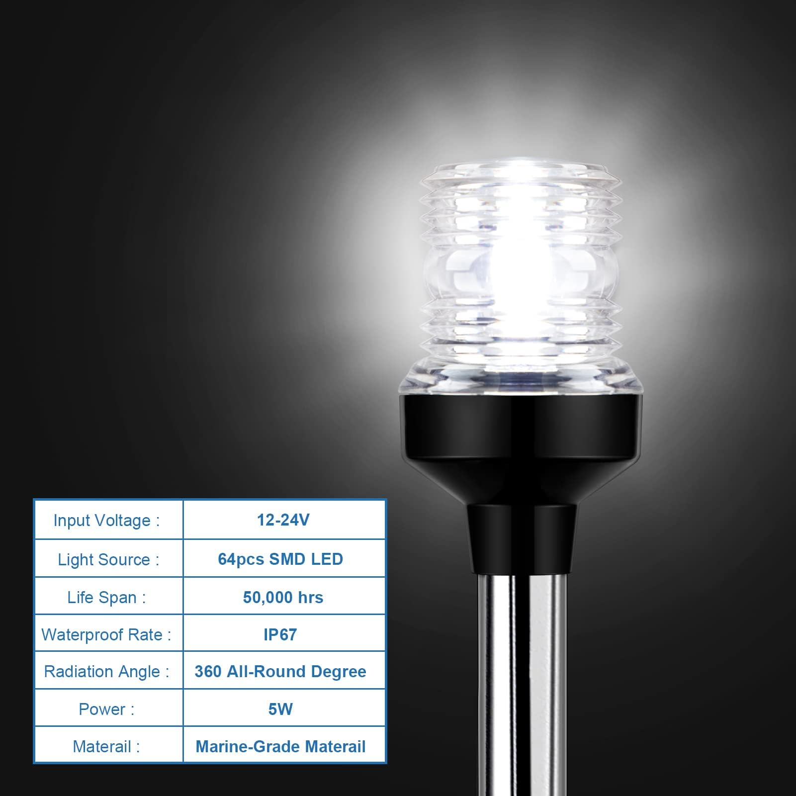 Obcursco Boat Stern Light, IP67 Waterproof 18in Fold Down White LED, Model OS004-001-031