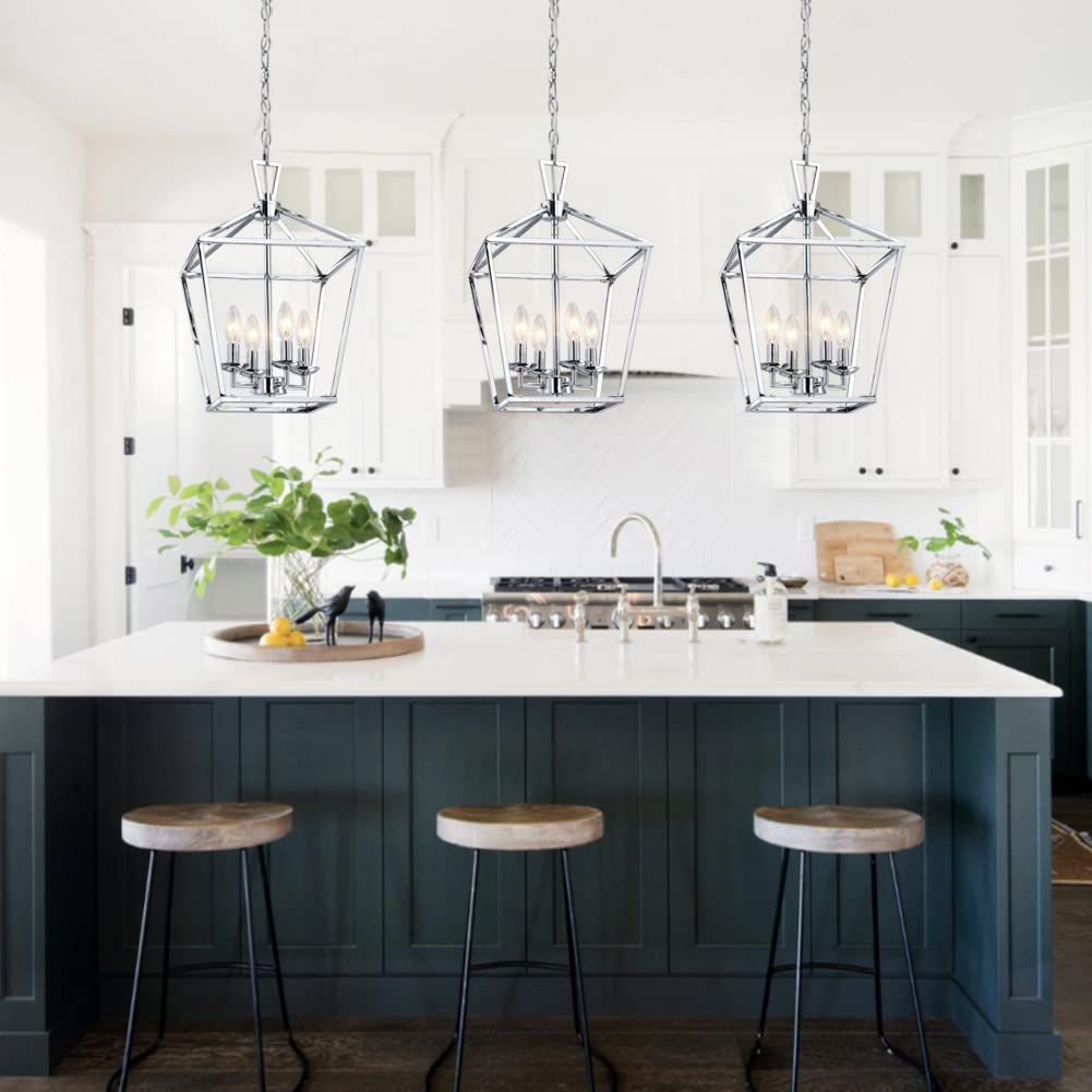 Untrammelife 4-Light Lantern Pendant Light Chrome Modern Hanging Pendant Light Fixtures With Adjustable Chain Metal Cage Dimmabl