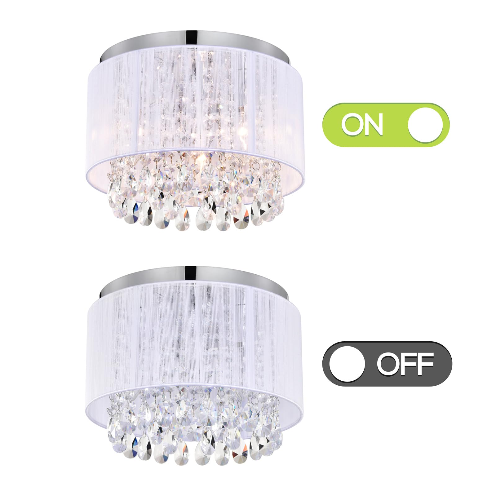 LaLuLa 3-Light Mini Flush Mount Chandelier - White Crystal Drum Design, 11" Round Lighting for Bedroom