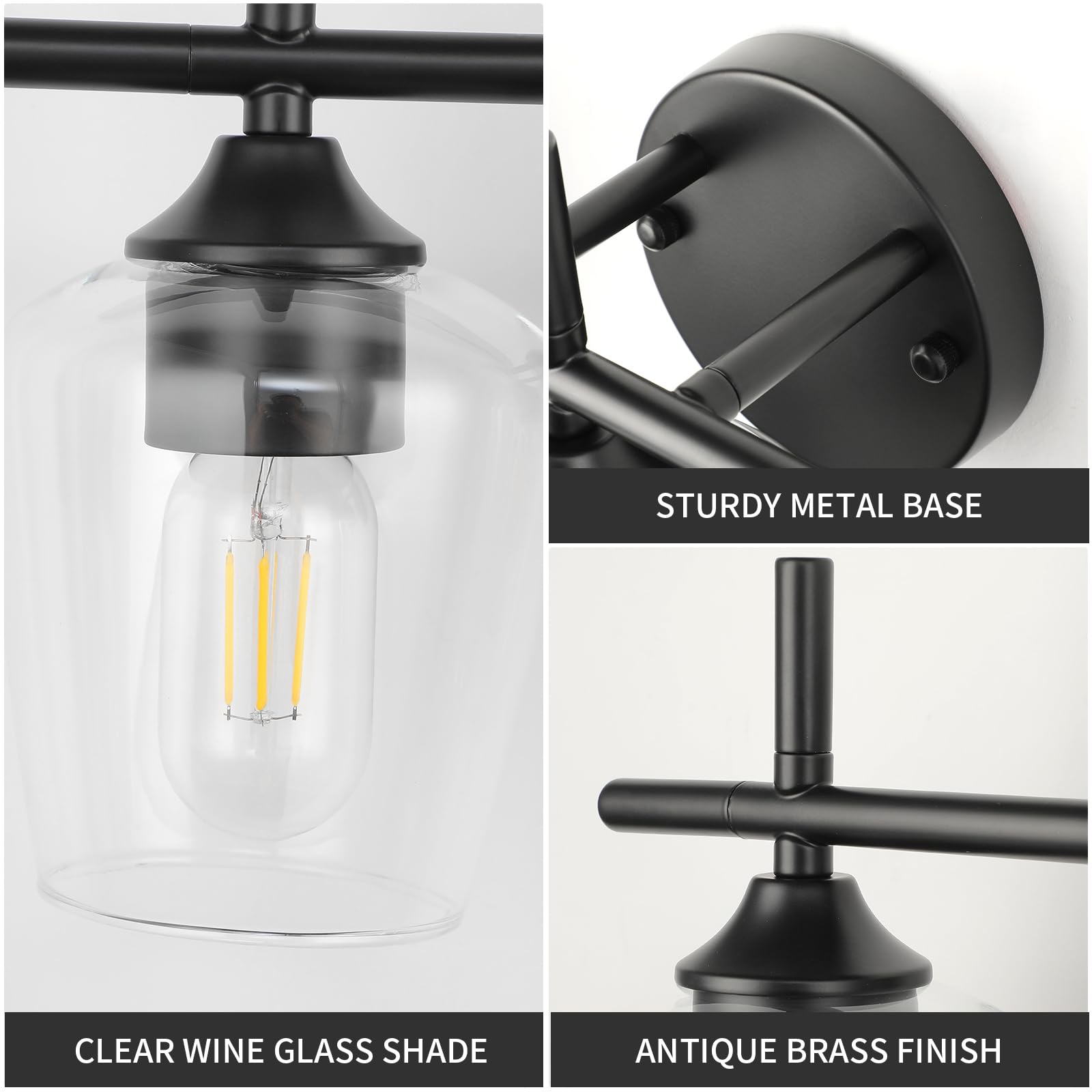 foucasal Bathroom Vanity Light Fixtures, 3-Light Black Metal Lighting, Modern Design with Clear Glass Shade, Model ULB0046H