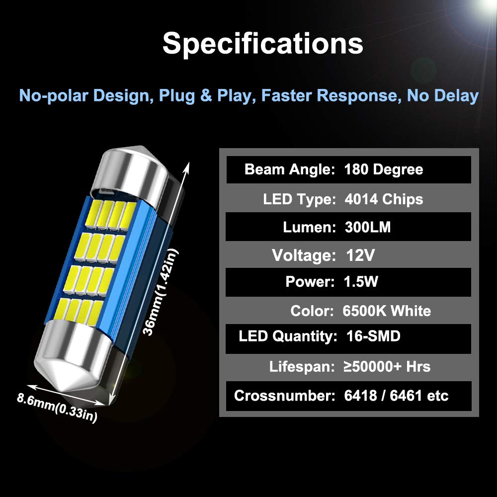 Xinyang 2Pcs 6418 Led Car Bulb 36Mm Festoon 16-Smd 4014 Chipsets White For Interior Dome License Plate Lights