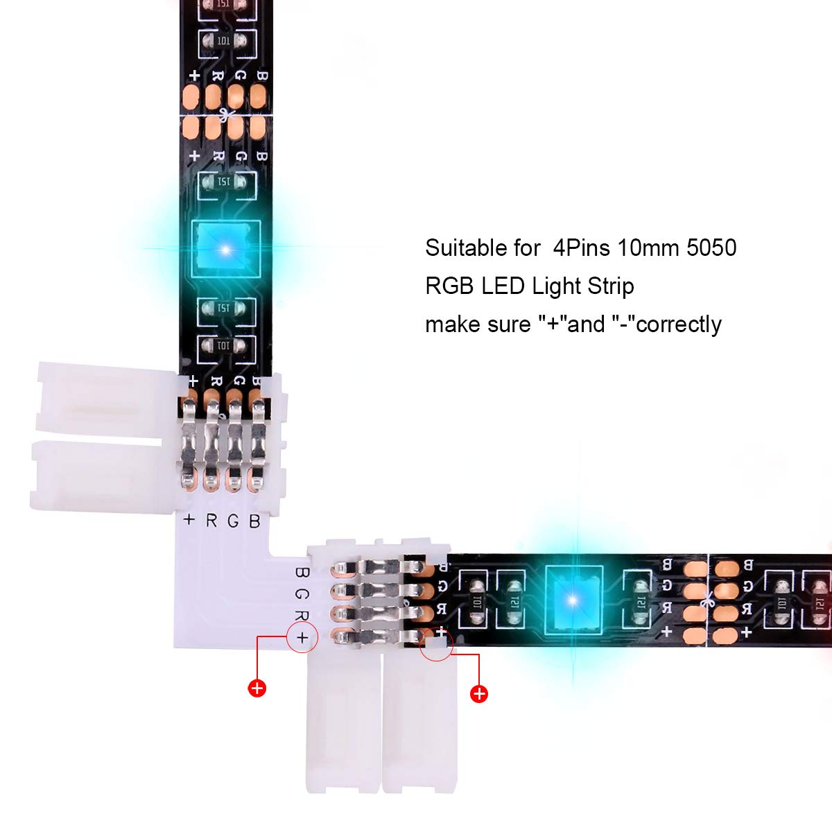 Icreating Led Strip Connector 4 Pin, Rgb 5050 Led Light Connectors Kit Includes L Shape Led Connectors, 4Pin 10Mm Led Light Stri